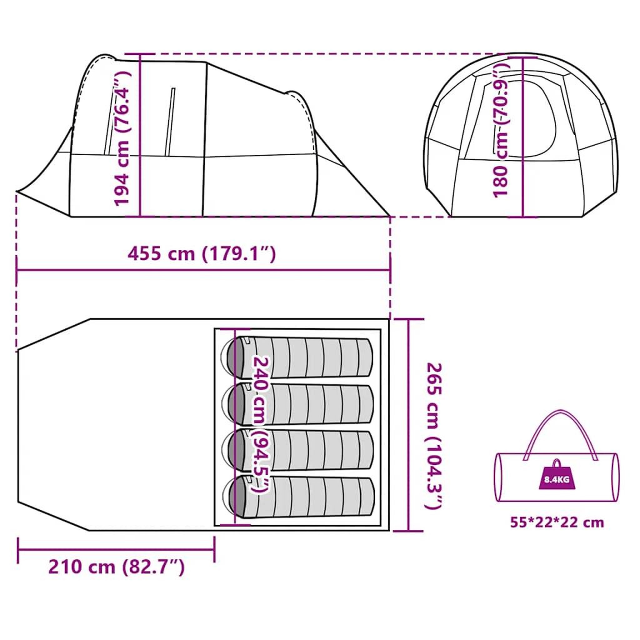 Voir la diapositive 6 : VIDAXL Tente de camping tunnel 4 personnes vert impermeable