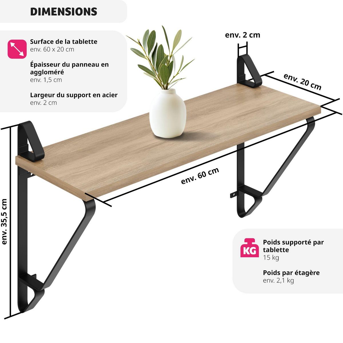 tectake Lot de 2 étagères murales style industriel Bois clair industriel, Chêne Sonoma