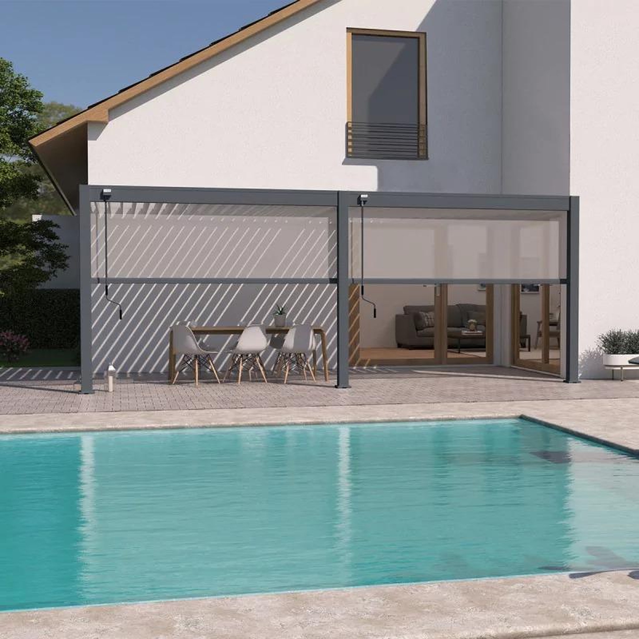 CENTRALE BRICO Pergola bioclimatique adossée 6 x 3 m avec 2 stores anthracite - aluminium anthracite et lames blanches - toiture étanche