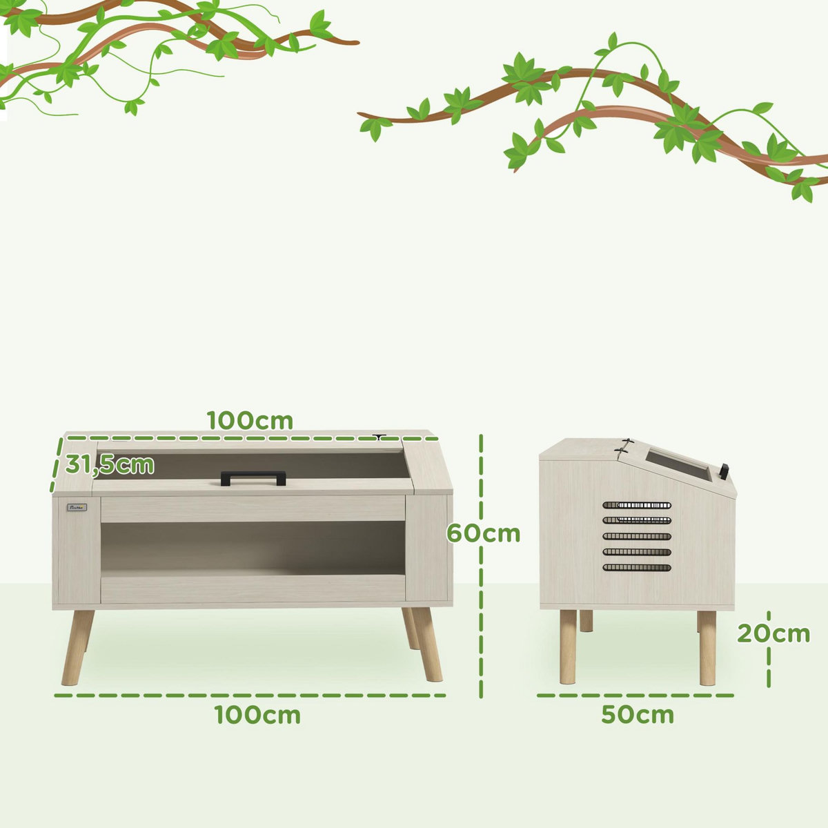 PAWHUT Terrarium vivarium 140L - aération latérale, fenêtres verre trempé, couvercle - bois naturel