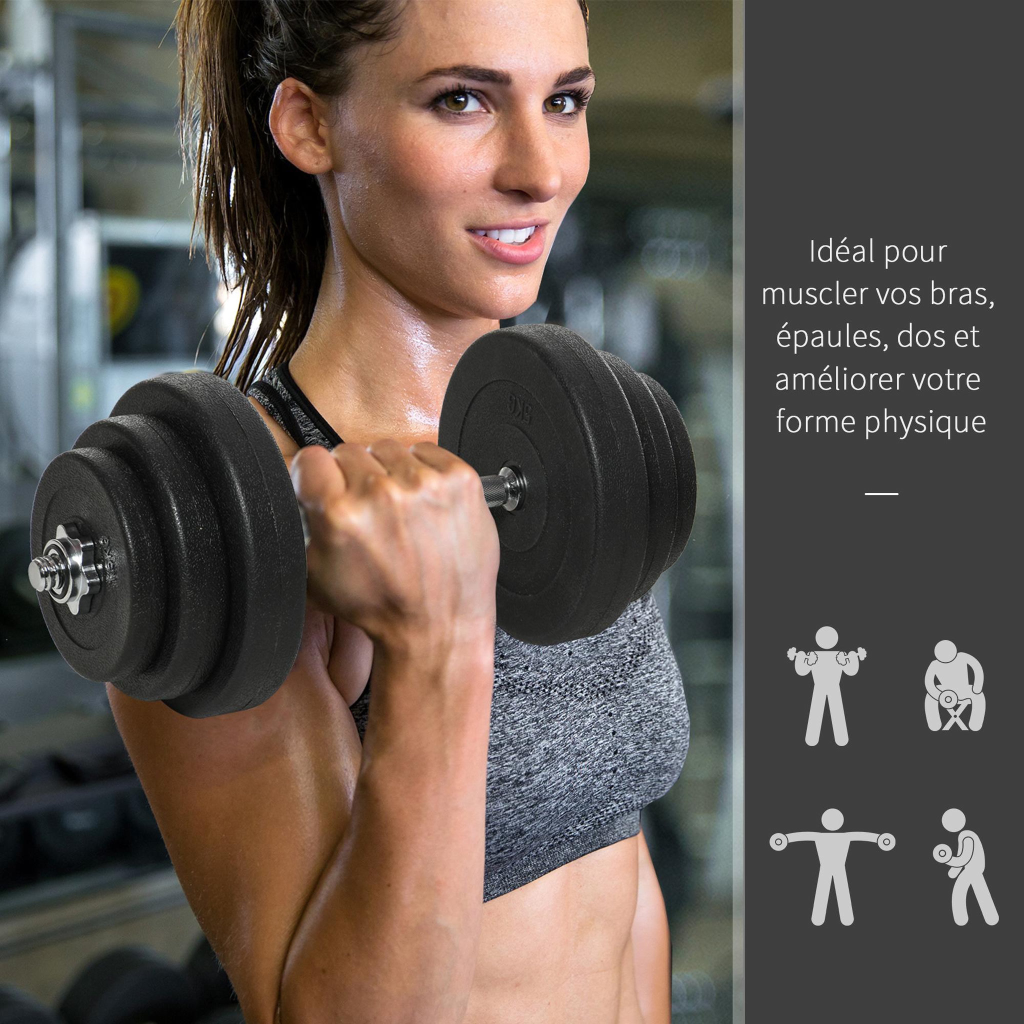 Voir la diapositive 6 : HOMCOM Ensemble d'haltères courtes total 36 Kg - barres incluses - entraînement musculaire & haltérophilie - acier HDPE noir