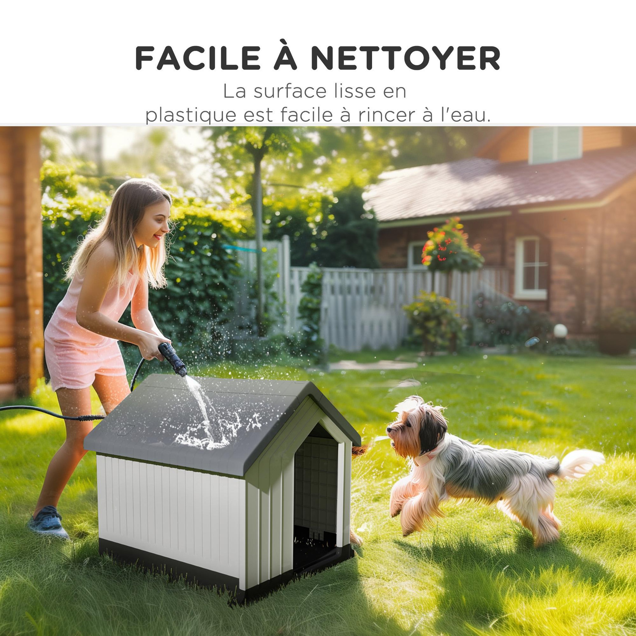 Voir la diapositive 5 : PAWHUT Niche chien extérieure - maison chien - niche plastique - grille d'aération - dim. 62L x 61l x 60H cm - blanc gris noir