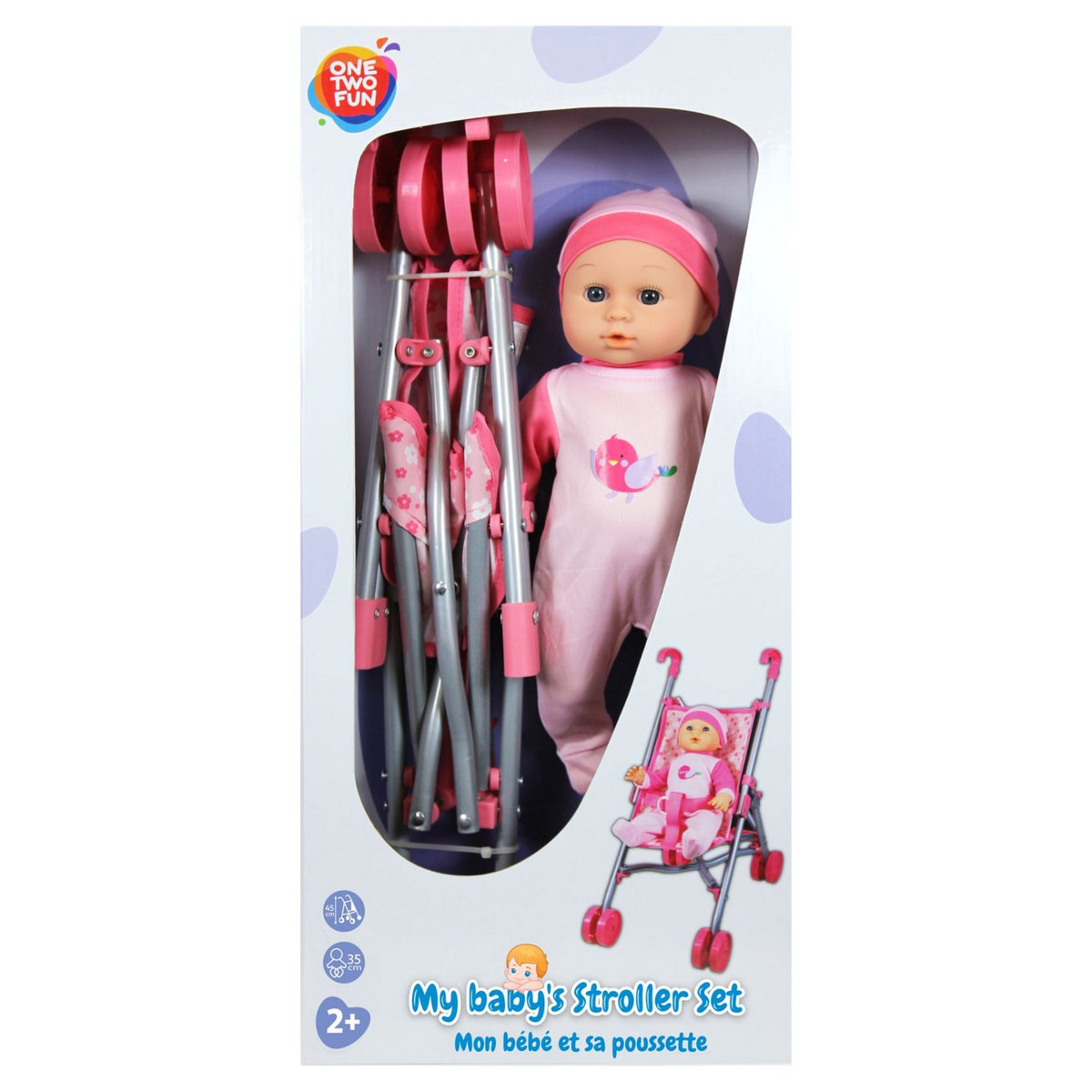 One Two Fun Mon bébé 35cm et sa poussette - Set rose