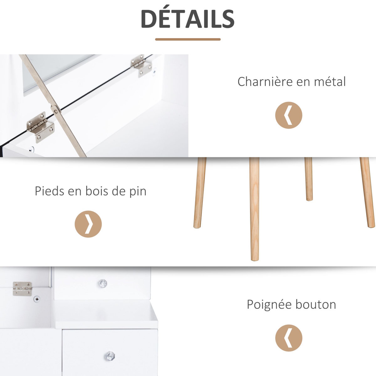 HOMCOM Coiffeuse design scandinave table de maquillage multi-rangements miroir pliable 60L x 50l x 86H cm pin et MDF blanc