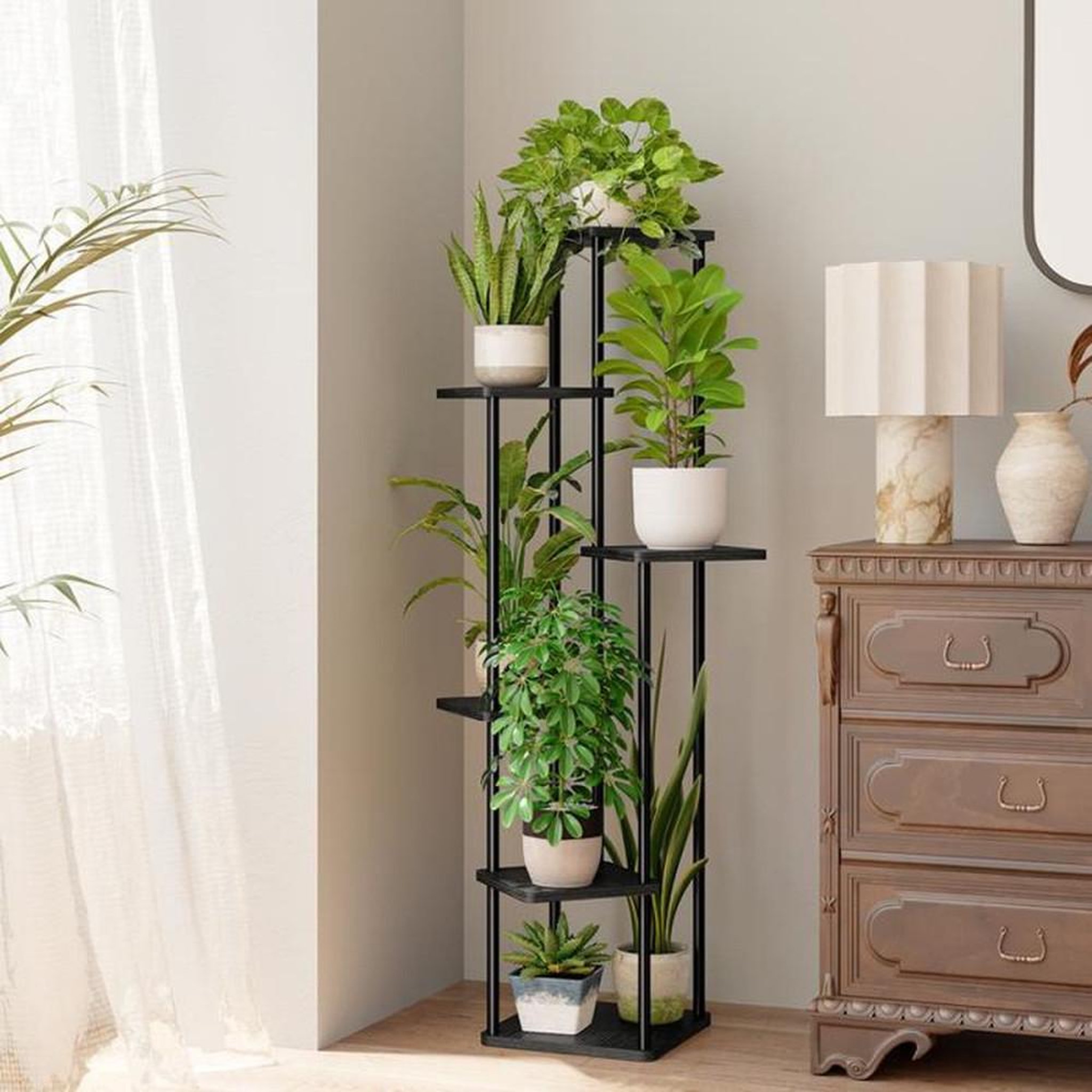 Voir la diapositive 3 : Support plante à 6 niveaux 130 cm noir métal et bois, présentoir intérieur extérieur