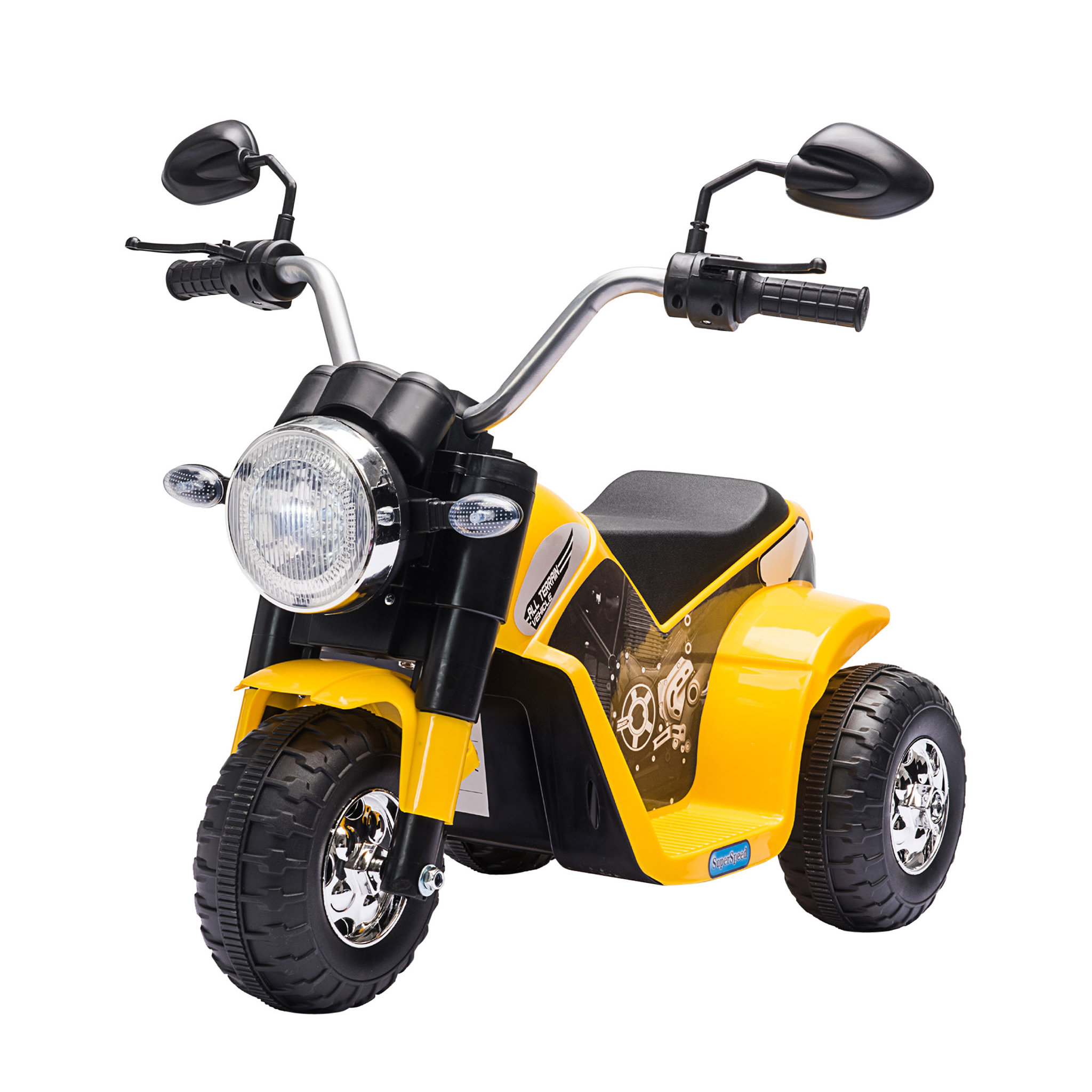 Voir la diapositive 1 : HOMCOM Moto électrique enfant chopper tout-terrain  6 V 20 W marche AV AR 3 roues effets lumineux et sonores jaune noir