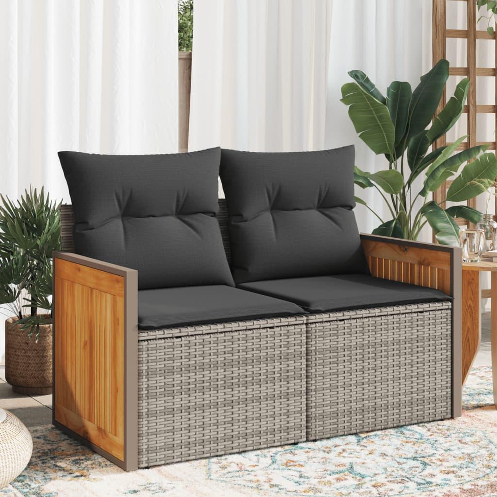 VIDAXL Canape de jardin 2 places avec coussins gris resine tressee