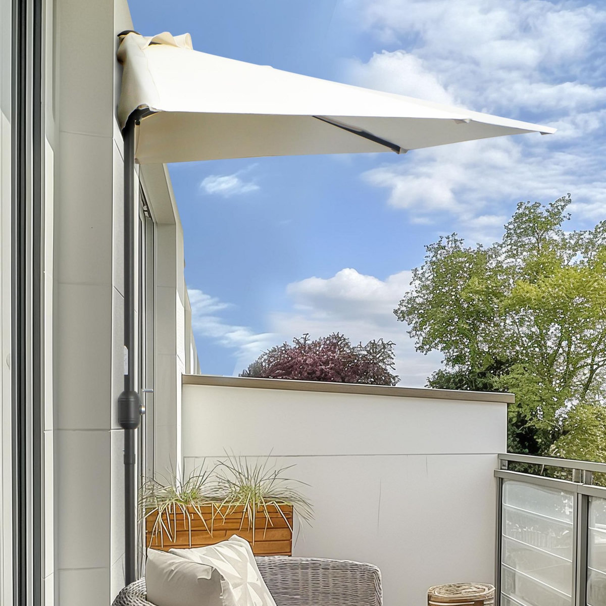 OUTSUNNY Demi parasol - parasol de balcon 5 entretoises métal - 2,93 x 1,5 x 2,49 m - polyester haute densité crème