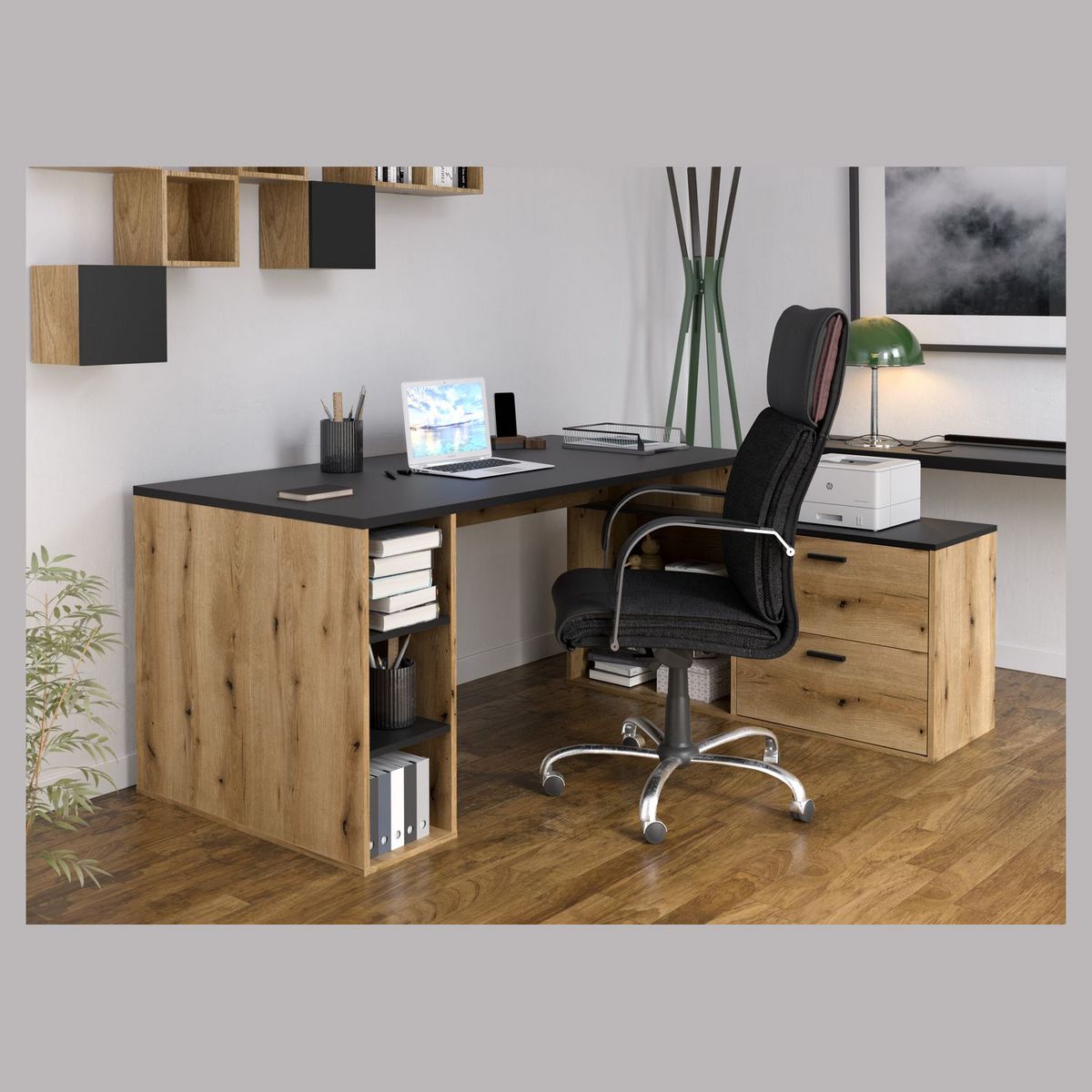 Bureau d'angle 3 tiroirs et rangements L183cm ESTEBAN
