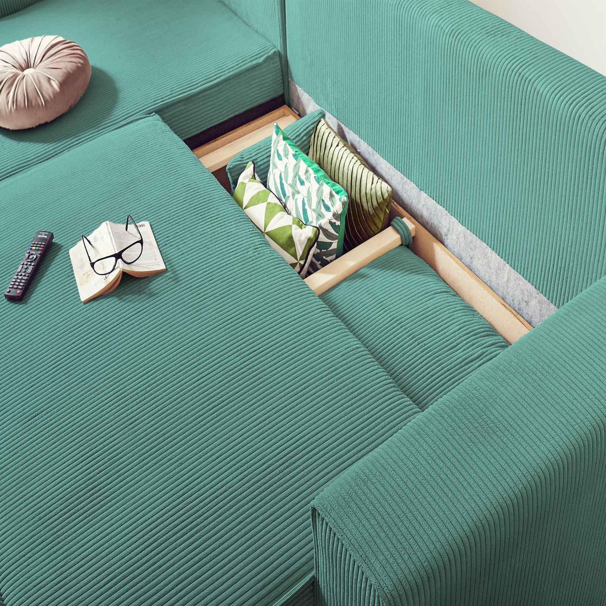 Voir la diapositive 3 : BEST MOBILIER Dellia - canapé d'angle réversible convertible - avec coffre - en velours côtelé - 4 places