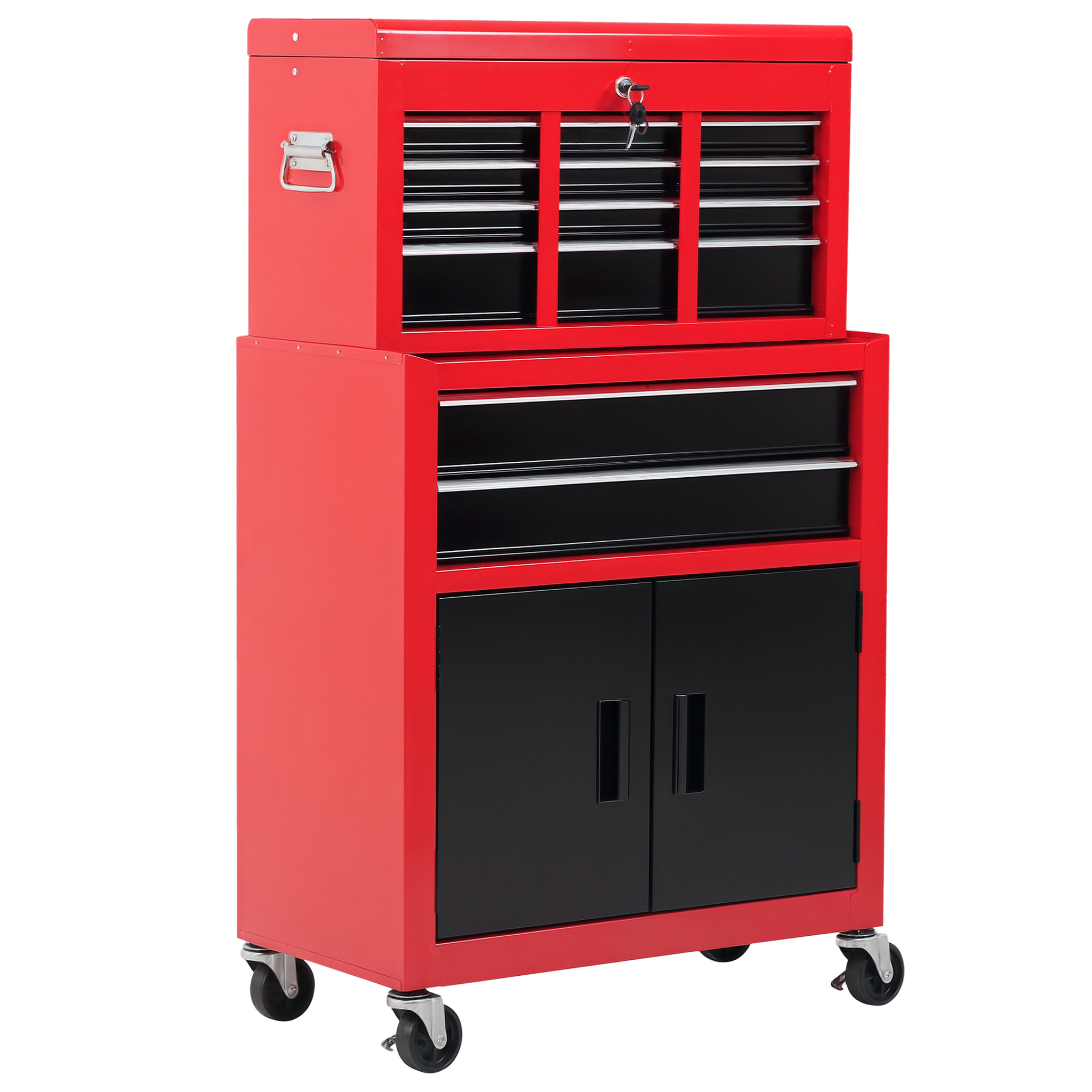 HOMCOM Servante d'atelier - caisse à outil 6 tiroirs + coffre amovible - chariot d'atelier tôle métal rouge noir