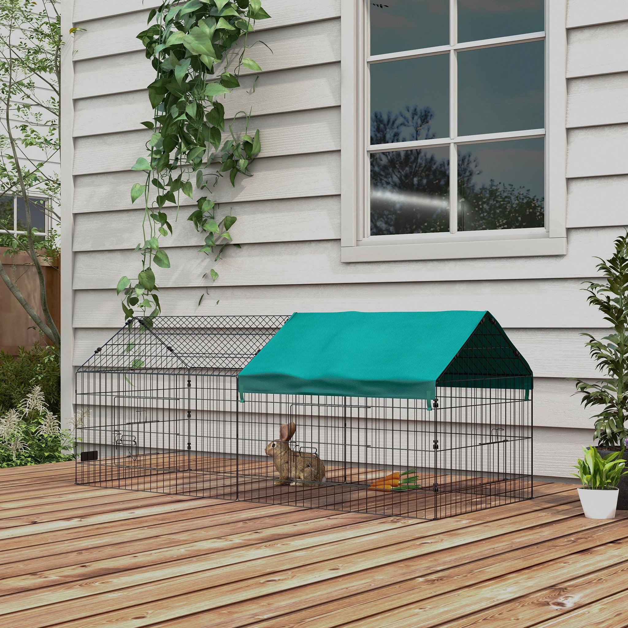 Voir la diapositive 4 : PAWHUT Parc enclos petits animaux - 2 portes, 2 trappes nourrissages, zone couverte - acier noir polyester vert