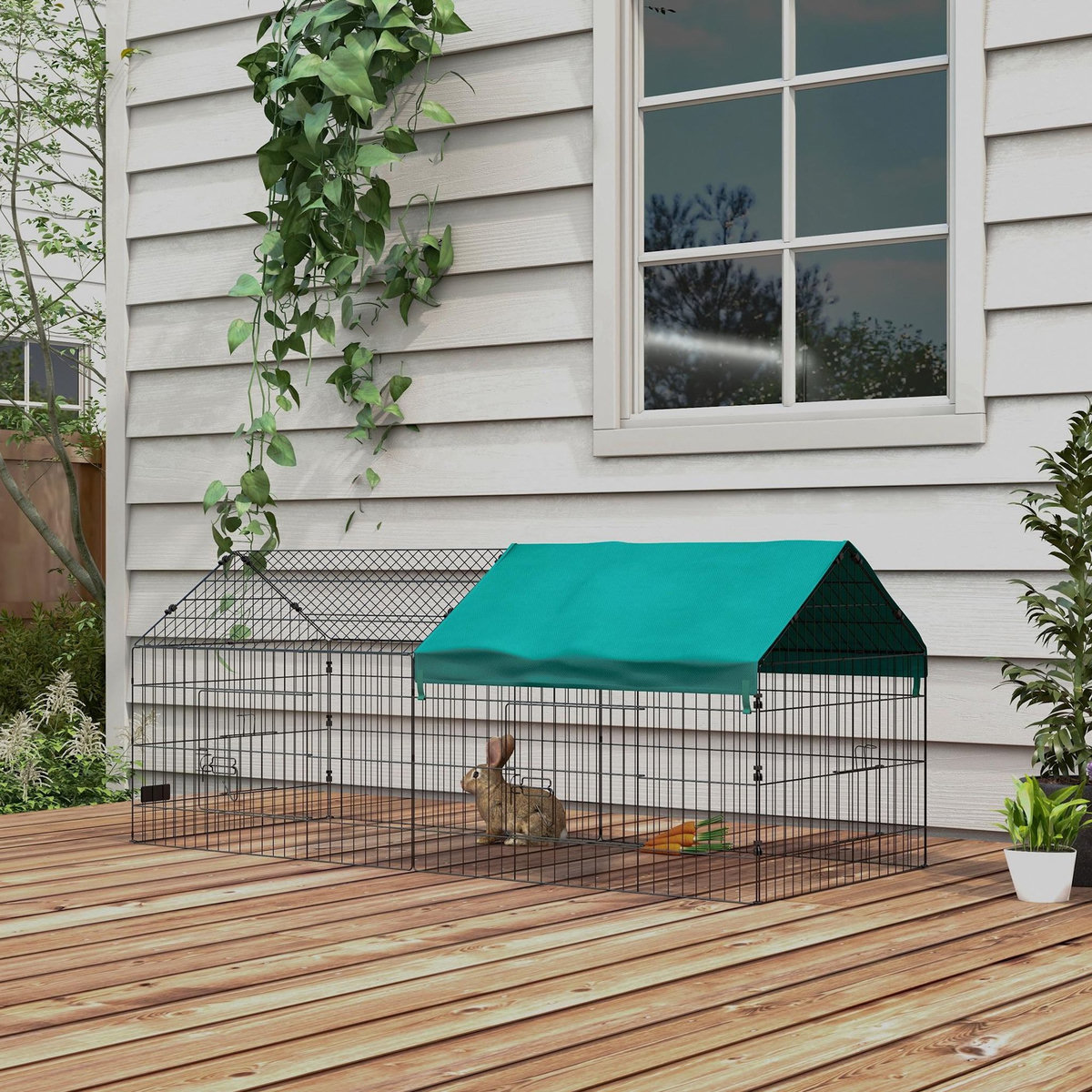 PAWHUT Parc enclos petits animaux - 2 portes, 2 trappes nourrissages, zone couverte - acier noir polyester vert