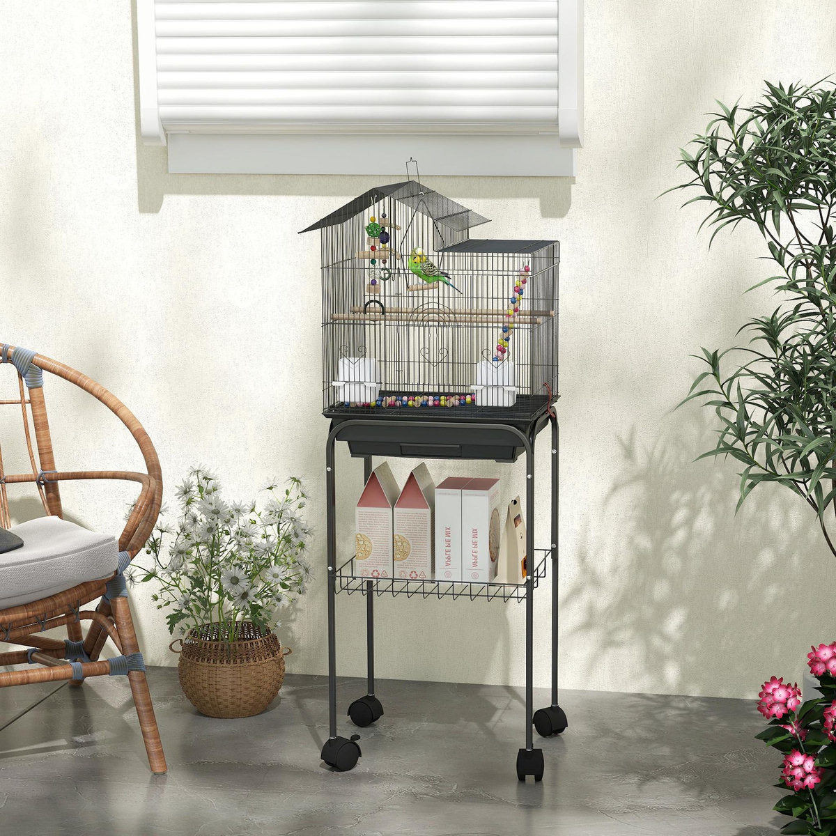 PAWHUT Cage à oiseaux 46 x 36 x 120 cm étagère 2 mangeoires 2 perchoirs balançoire échelle jouet noir