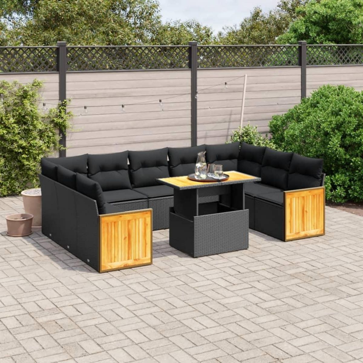 VIDAXL Salon de jardin 10 pcs avec coussins noir resine tressee