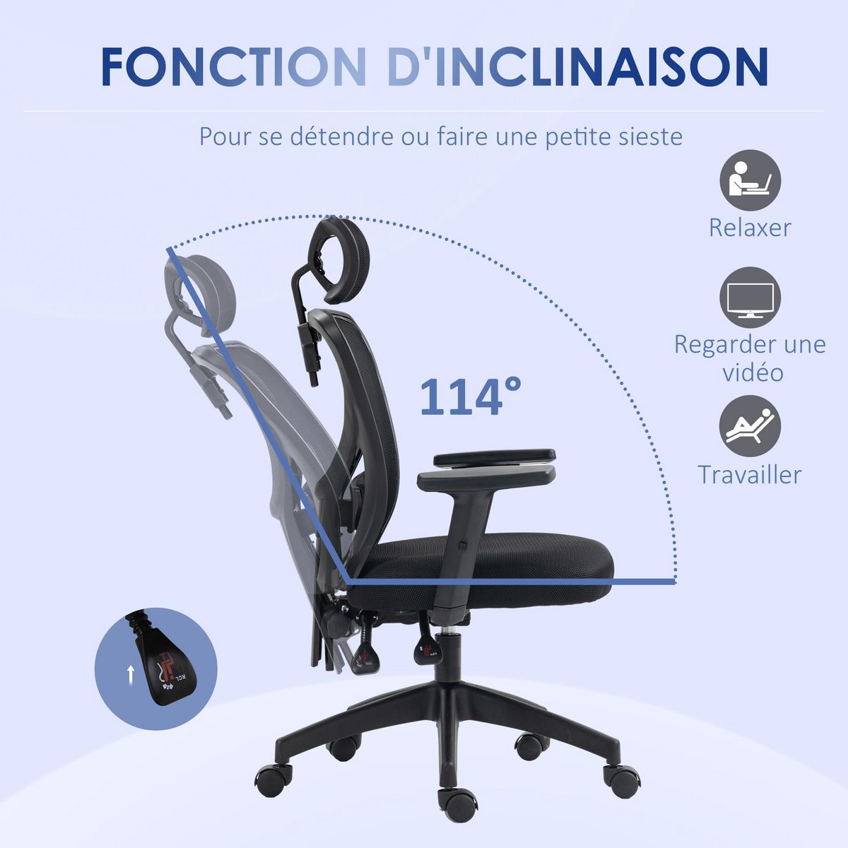 VINSETTO Fauteuil de bureau manager grand confort réglable dossier ergonomique inclinable pivotant tissu maille noir