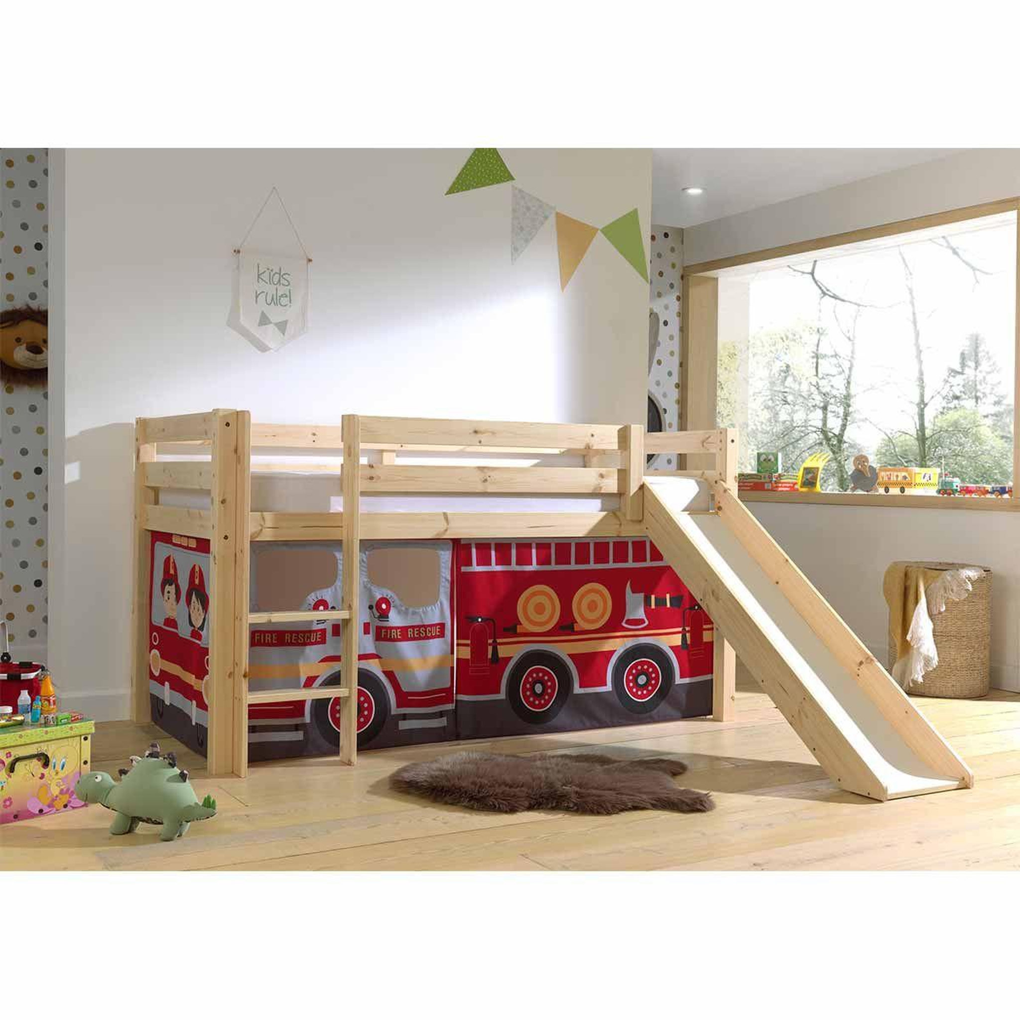Voir la diapositive 2 : Paris Prix Lit enfant surélevé avec toboggan  pino fire truck  90x200cm naturel
