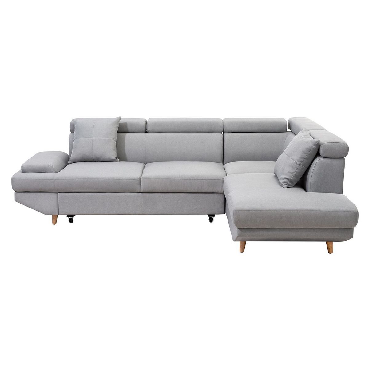 Canapé d'angle droit convertible 5 places tissu pieds bois clair MARIUS 