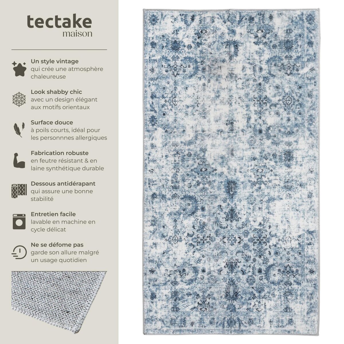 tectake Tapis vintage design à poils courts en laine synthétique et feutre bleu 60 x 110 cm