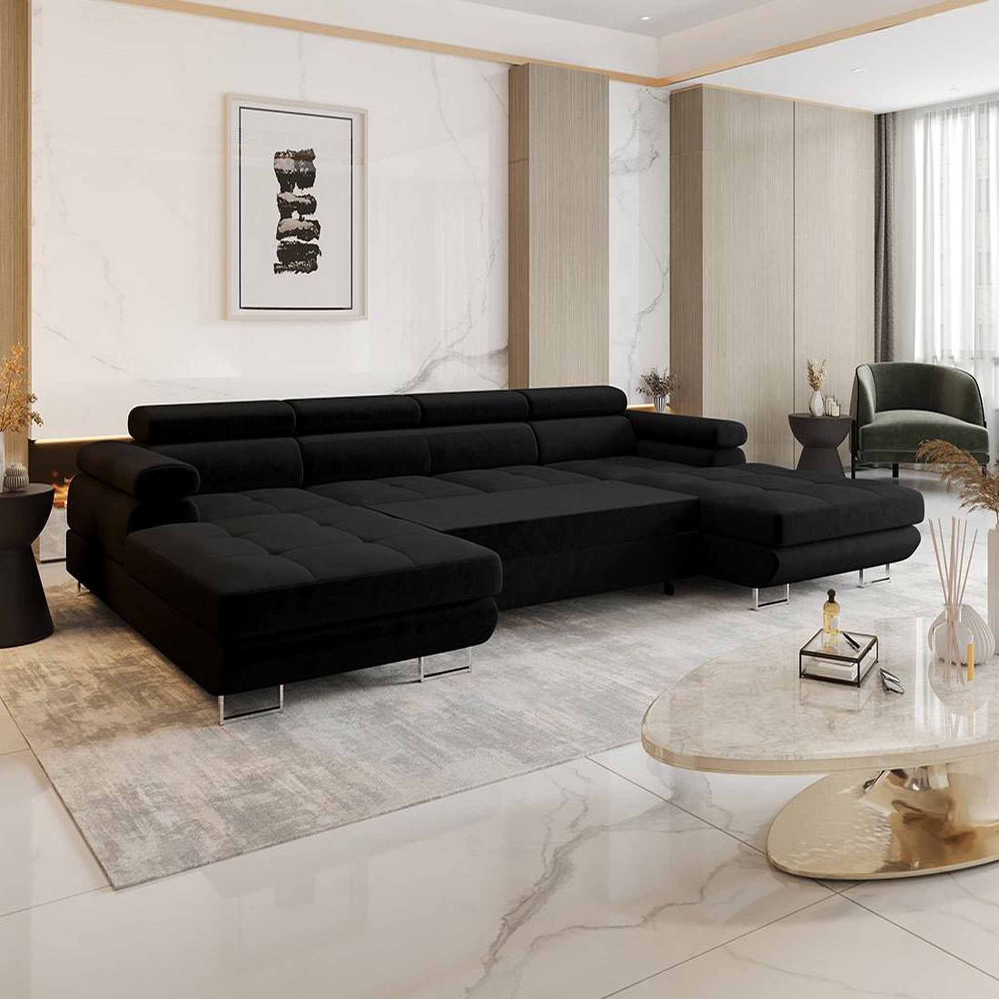 Voir la diapositive 3 : BEST MOBILIER Ayden - canapé panoramique en u 7 places convertible avec coffre et têtières réglables en tissu