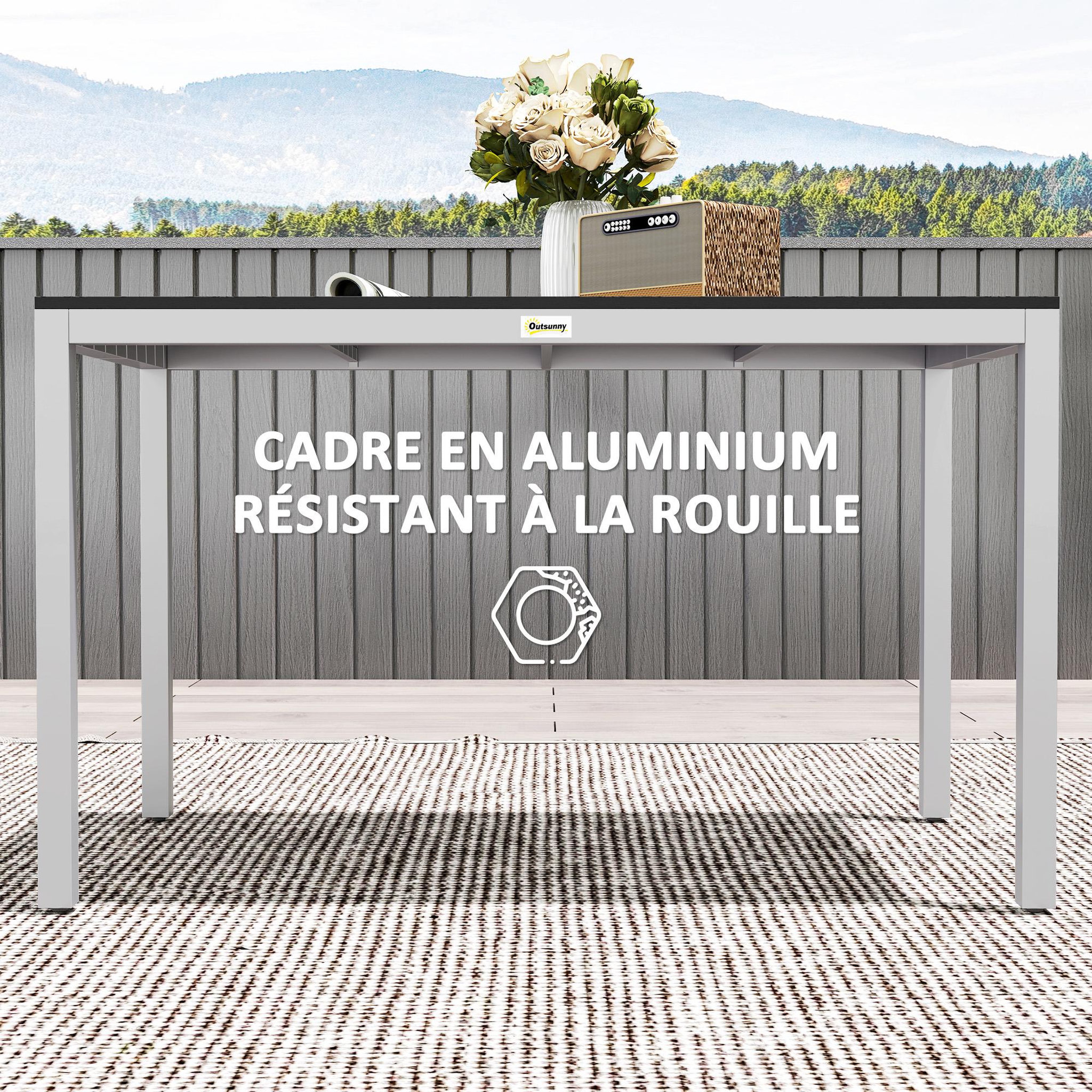 Voir la diapositive 5 : OUTSUNNY Table de jardin rectangulaire 4-6 personnes dim.120 x 70 x 72 cm aluminium plateau à lattes effet bois noir