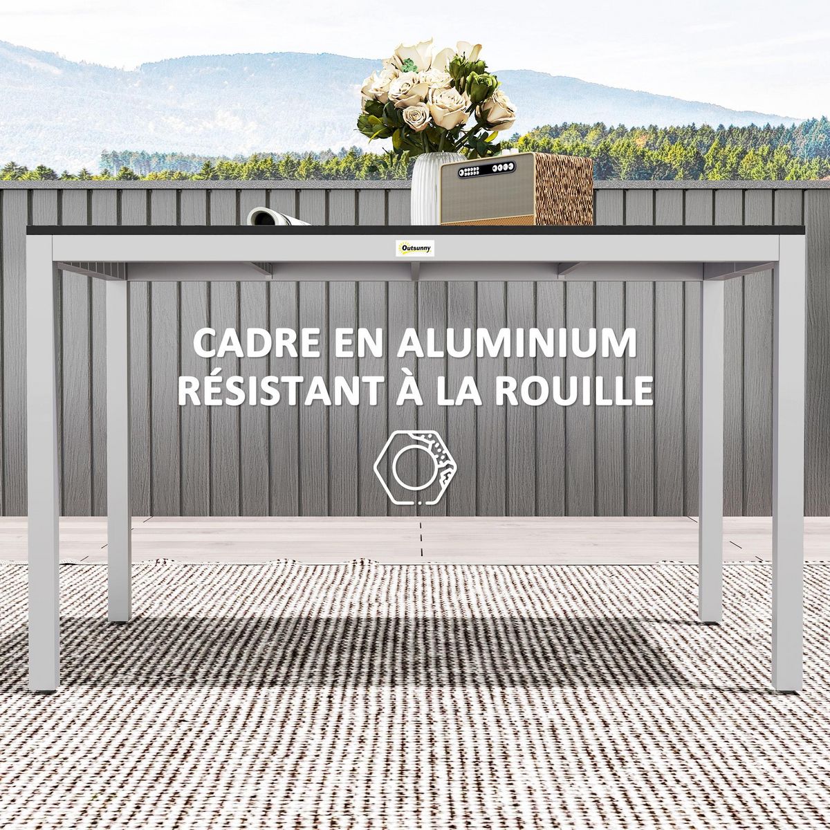 OUTSUNNY Table de jardin rectangulaire 4-6 personnes dim.120 x 70 x 72 cm aluminium plateau à lattes effet bois noir