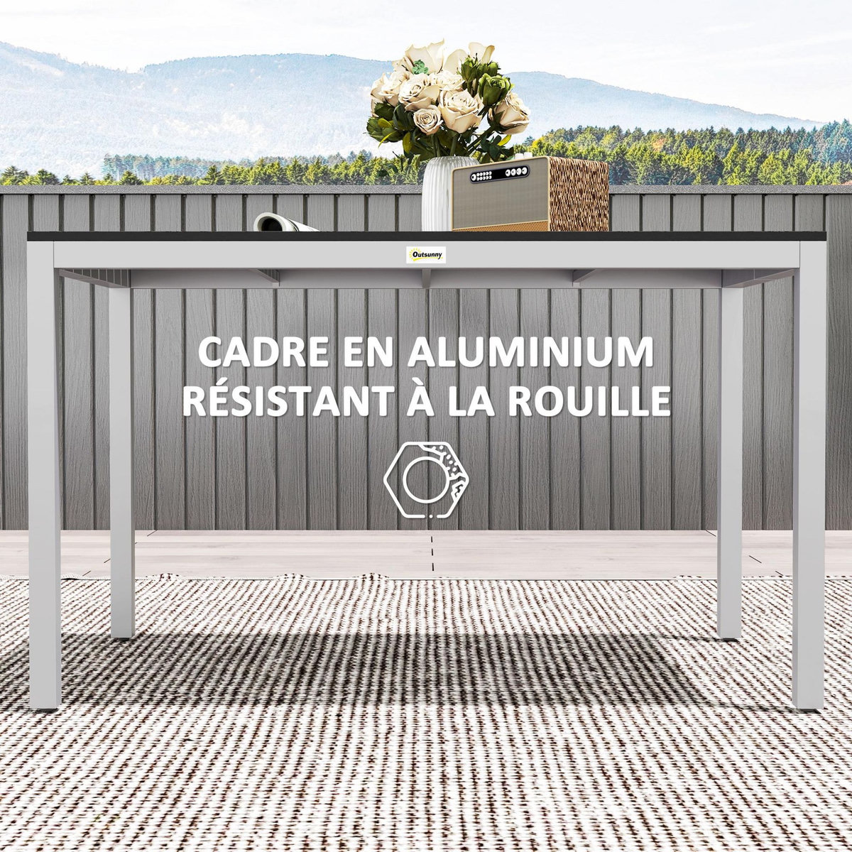 OUTSUNNY Table de jardin rectangulaire 4-6 personnes dim.120 x 70 x 72 cm aluminium plateau à lattes effet bois noir