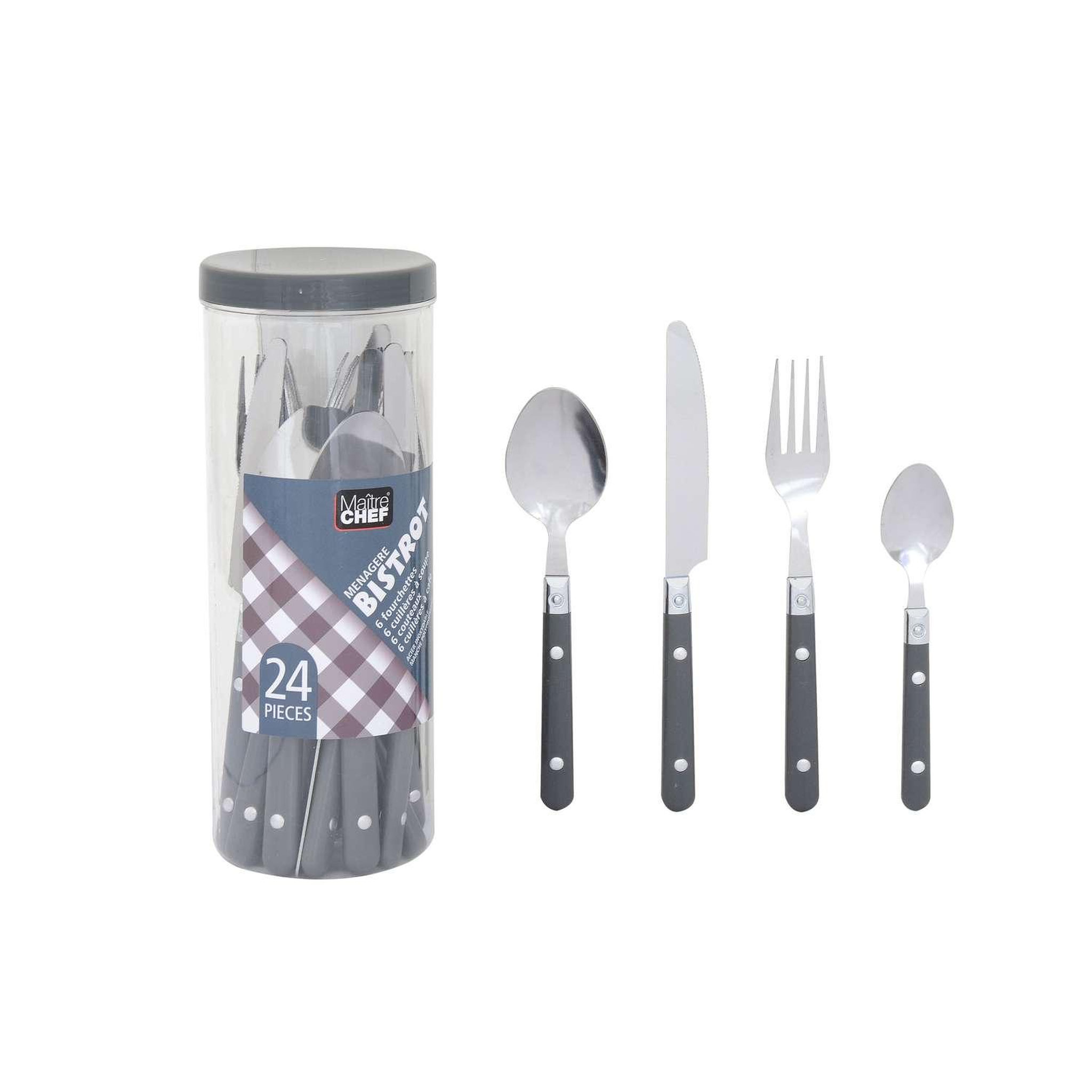 Voir la diapositive 2 : TOILINUX Ménagère Bistrot en acier inoxydable 24 Pièces - Gris