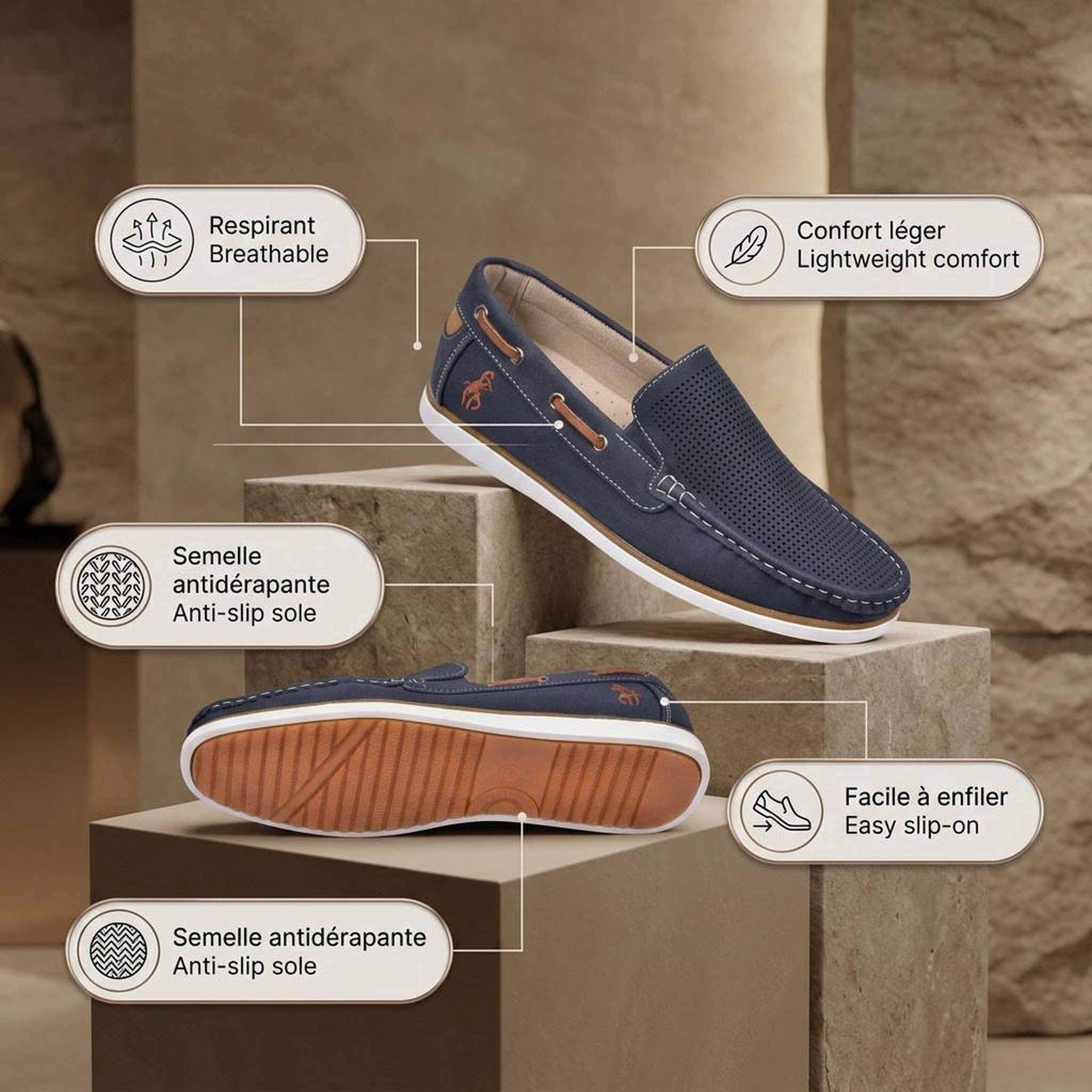 Voir la diapositive 4 : OZABI OZABI Mocassins homme respirants perforés confort été 39-45
