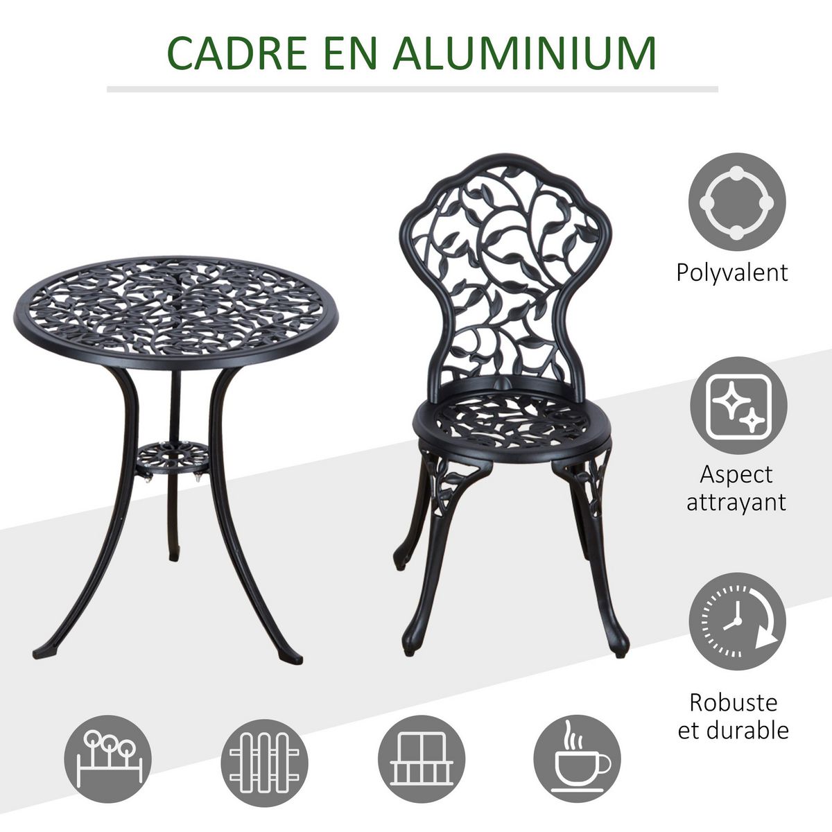 OUTSUNNY Ensemble salon de jardin 2 places avec table ronde style rétro fonte alu noir