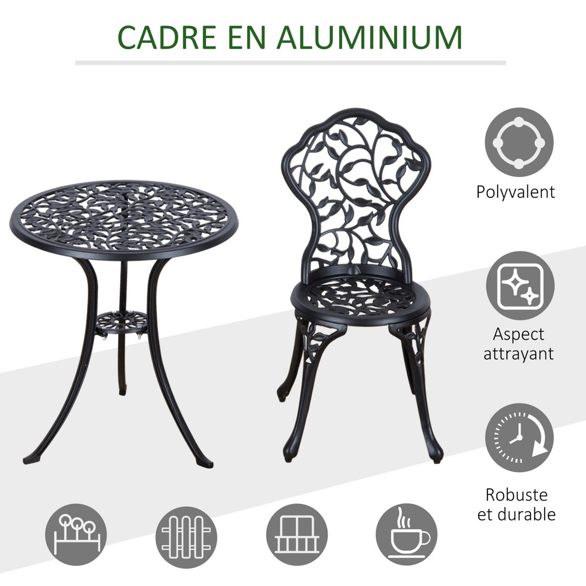OUTSUNNY Ensemble salon de jardin 2 places avec table ronde style rétro fonte alu noir