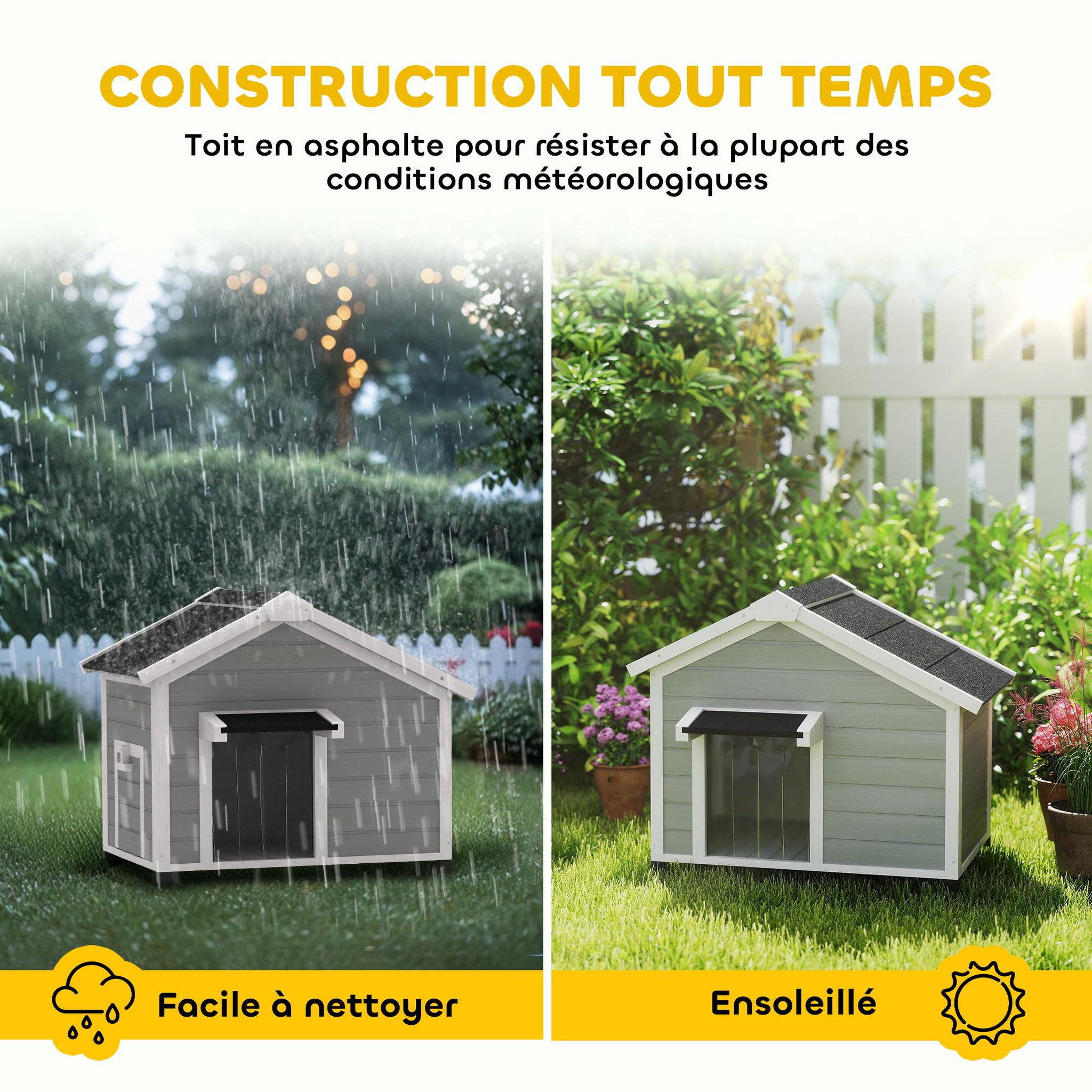 Voir la diapositive 6 : PAWHUT Niche chien sur pied design cottage - toit bitumé ouvrant, 2 portes, rideau à lanières - bois blanc gris