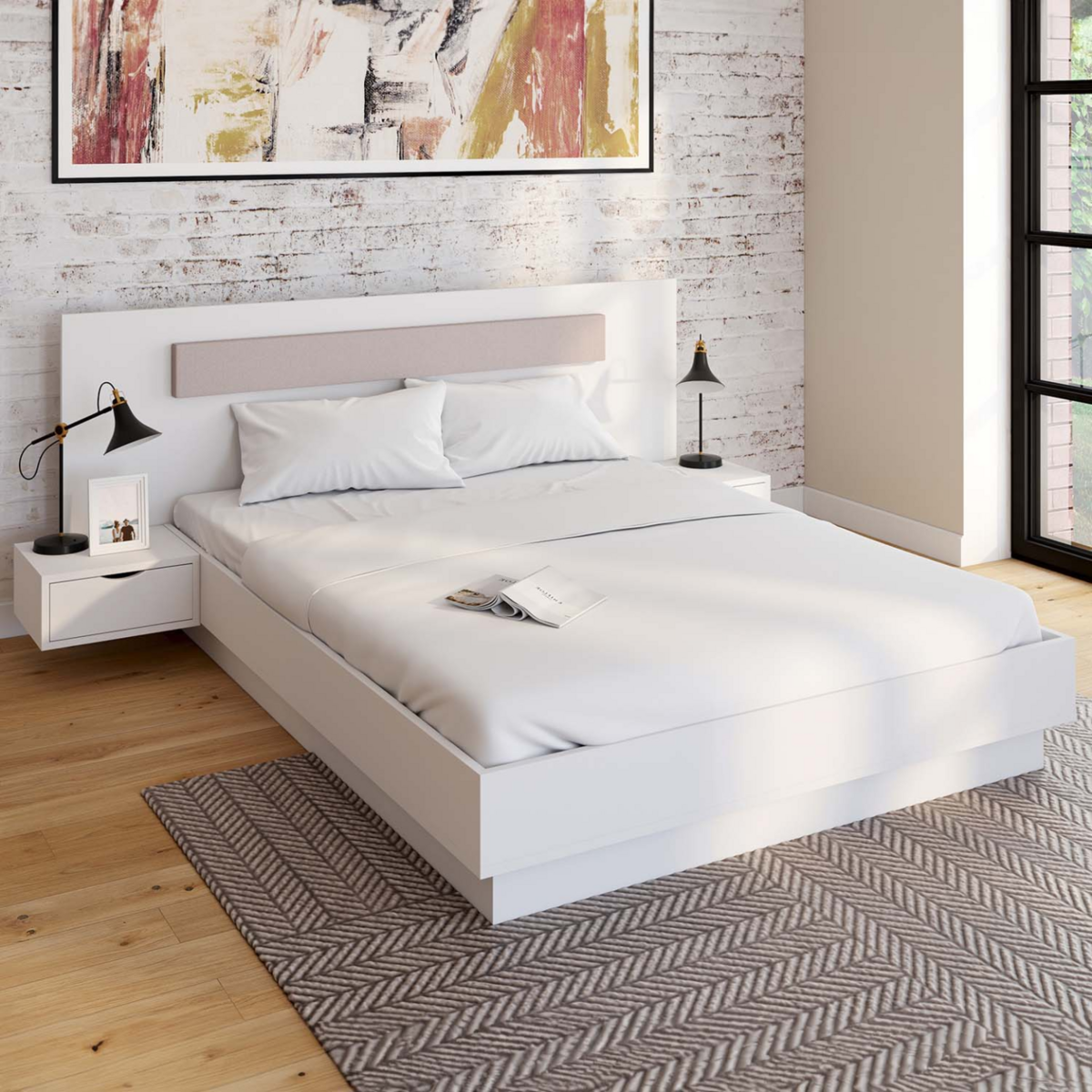 ID MARKET Lit double SANTA avec tête de lit + tables de chevet intégrées et sommier 140 x 190 cm blanc