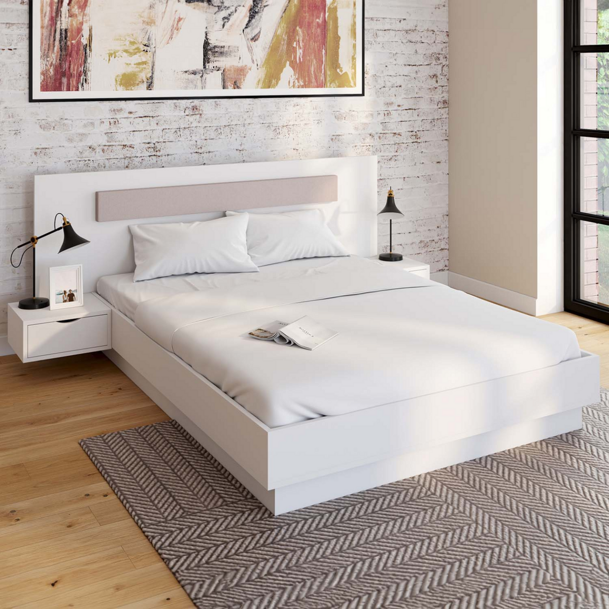 ID MARKET Lit double SANTA avec tête de lit + tables de chevet intégrées et sommier 140 x 190 cm blanc