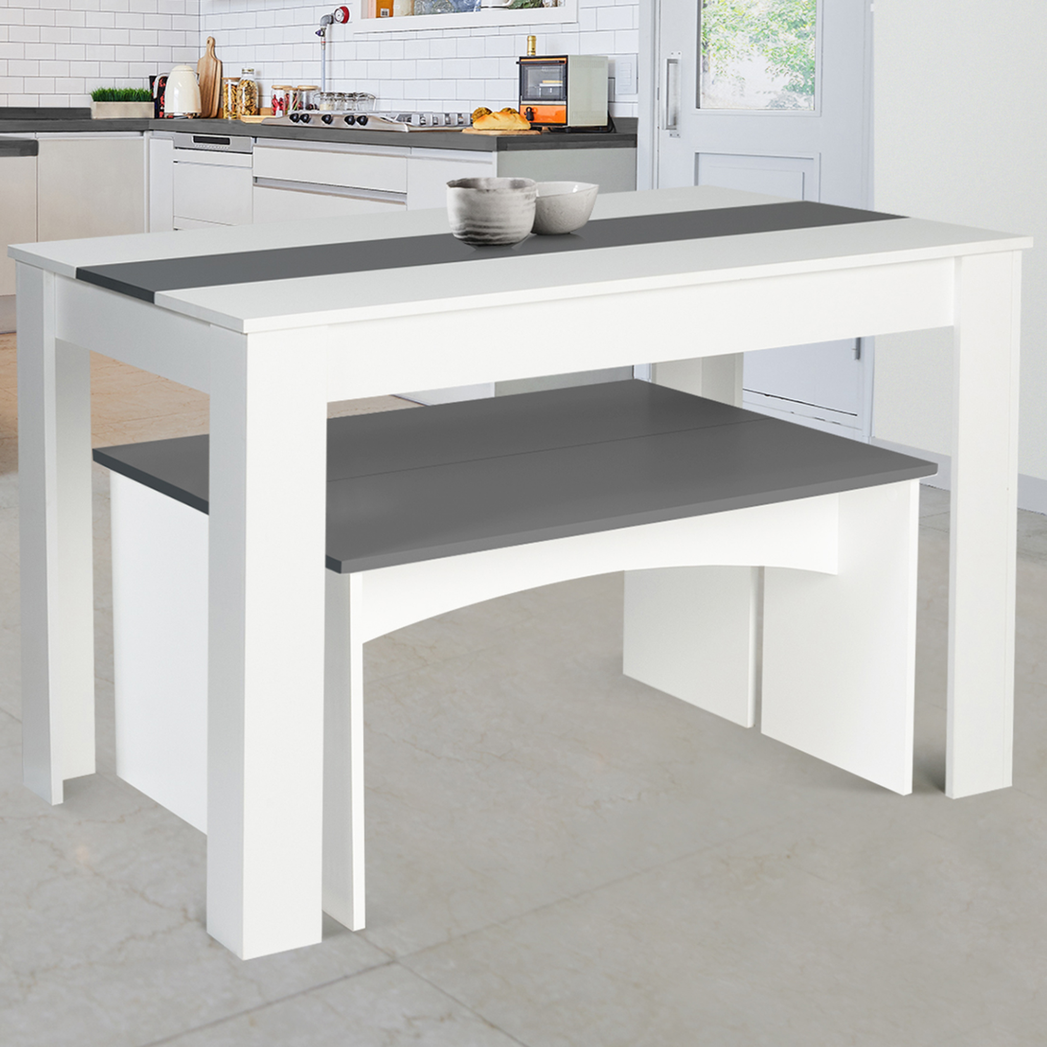 Voir la diapositive 4 : ID MARKET Ensemble table à manger et 2 bancs rozy 4 personnes blanc et gris 110 cm