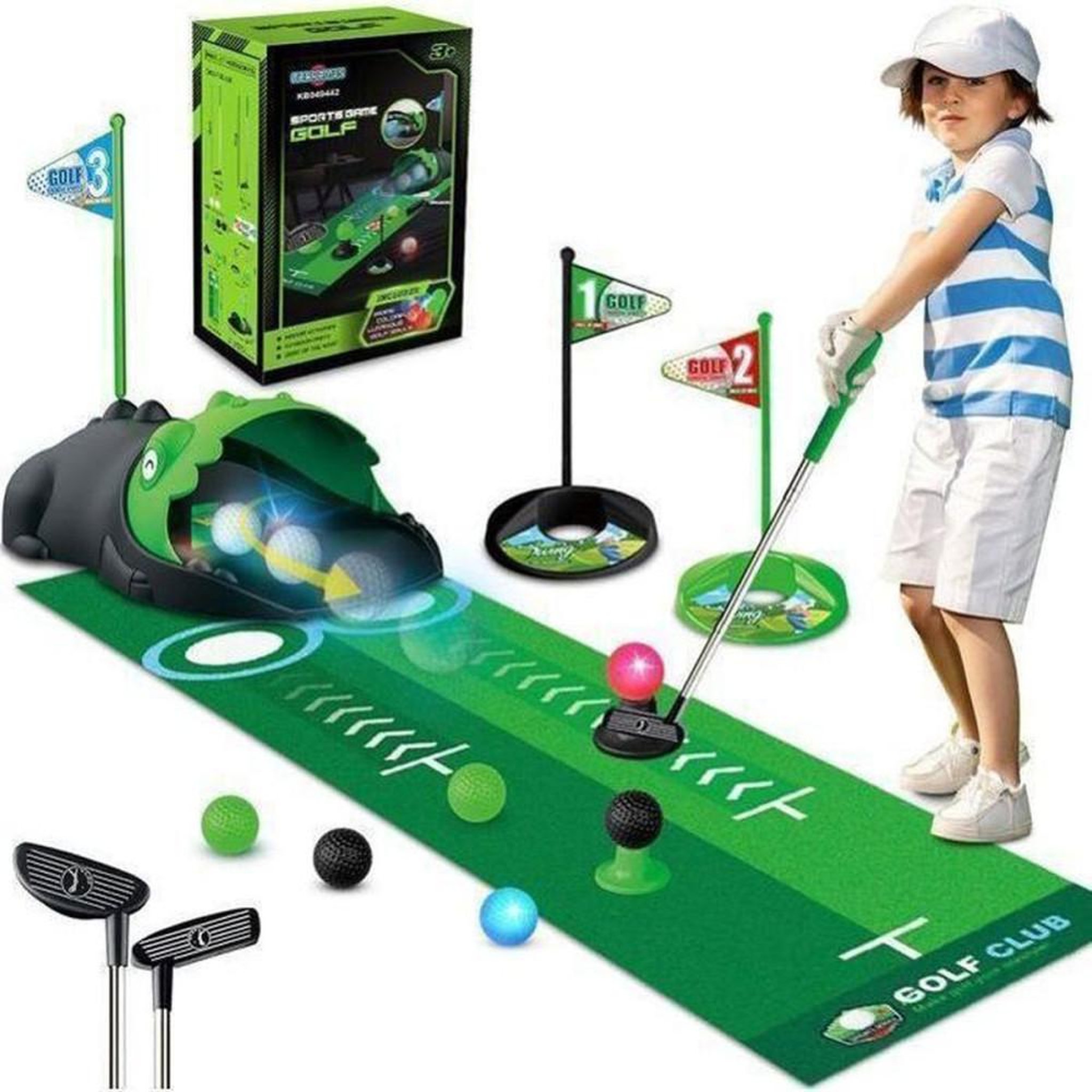 Jeu de golf enfant dinosaures VATOS avec retour automatique de balle, 3 clubs réglables et 6 balles LED