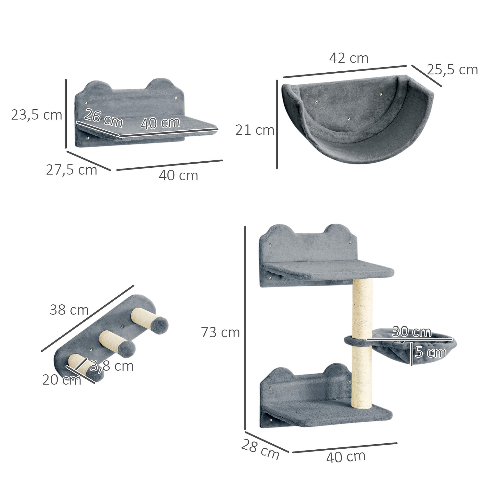 Voir la diapositive 3 : PAWHUT Mur d'escalade pour chat - arbre à chat design mural - griffoirs, plateformes, 2 paniers, échelle - sisal peluche gris