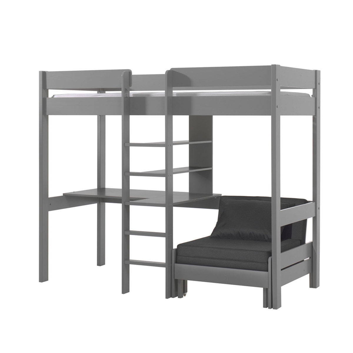 Vipack Lit Mezzanine 90x200 Sommier Inclus avec Fauteuil et Bureau Pino - Gris