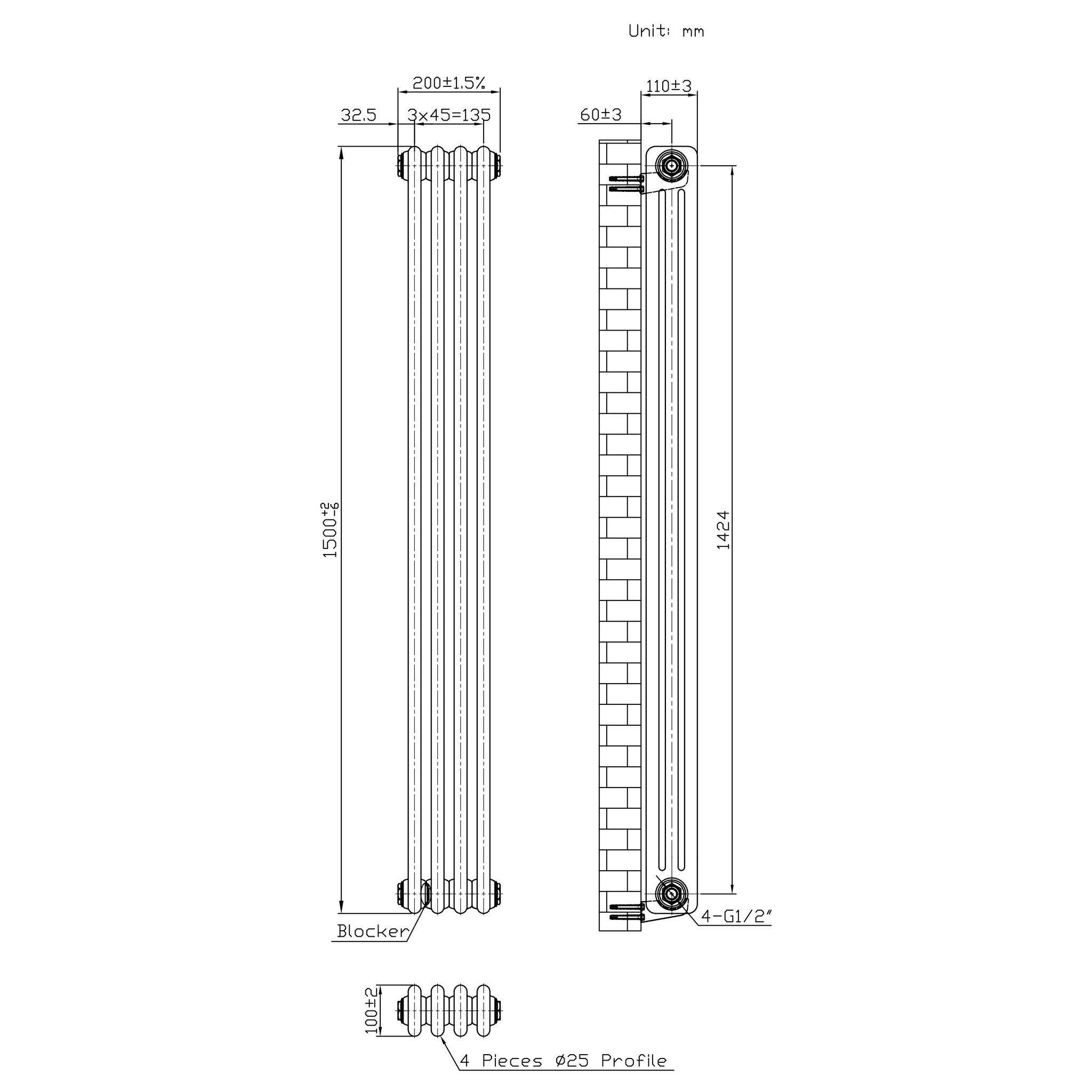 Voir la diapositive 5 : MONSTERSHOP Radiateur traditionnel à 3 colonnes & vannes - 1500 x 200 mm - métal brut