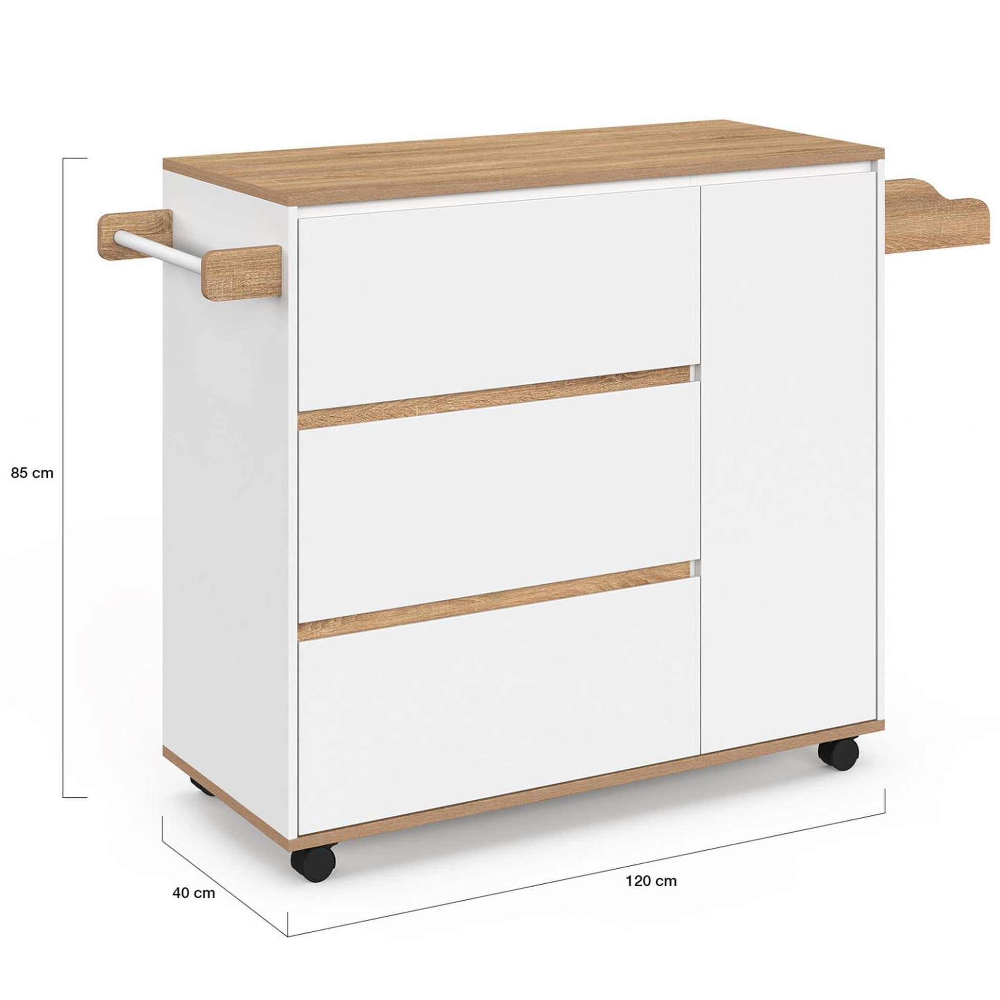 Voir la diapositive 5 : ID MARKET Desserte de cuisine comi xxl avec 3 tiroirs casserolier et placard blanc et plateau façon hêtre l. 90 cm