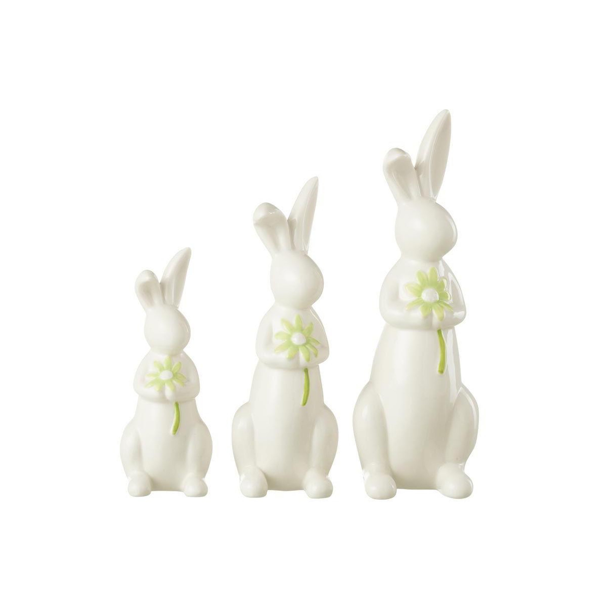 Voir la diapositive 2 : J-LINE Lot de 3 statuettes lapins  fleurs  23cm blanc & vert