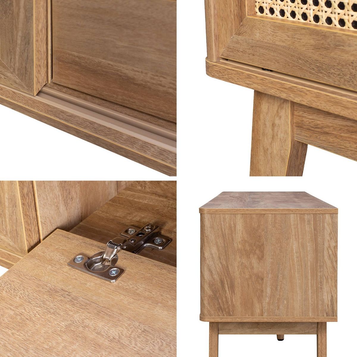 SWEEEK Meuble TV portes coulissantes. casier fermé. étagère effet bois et cannage 150cm