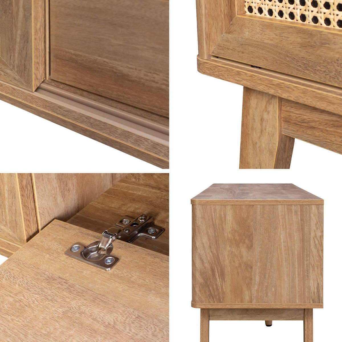 SWEEEK Meuble TV portes coulissantes. casier fermé. étagère effet bois et cannage 150cm