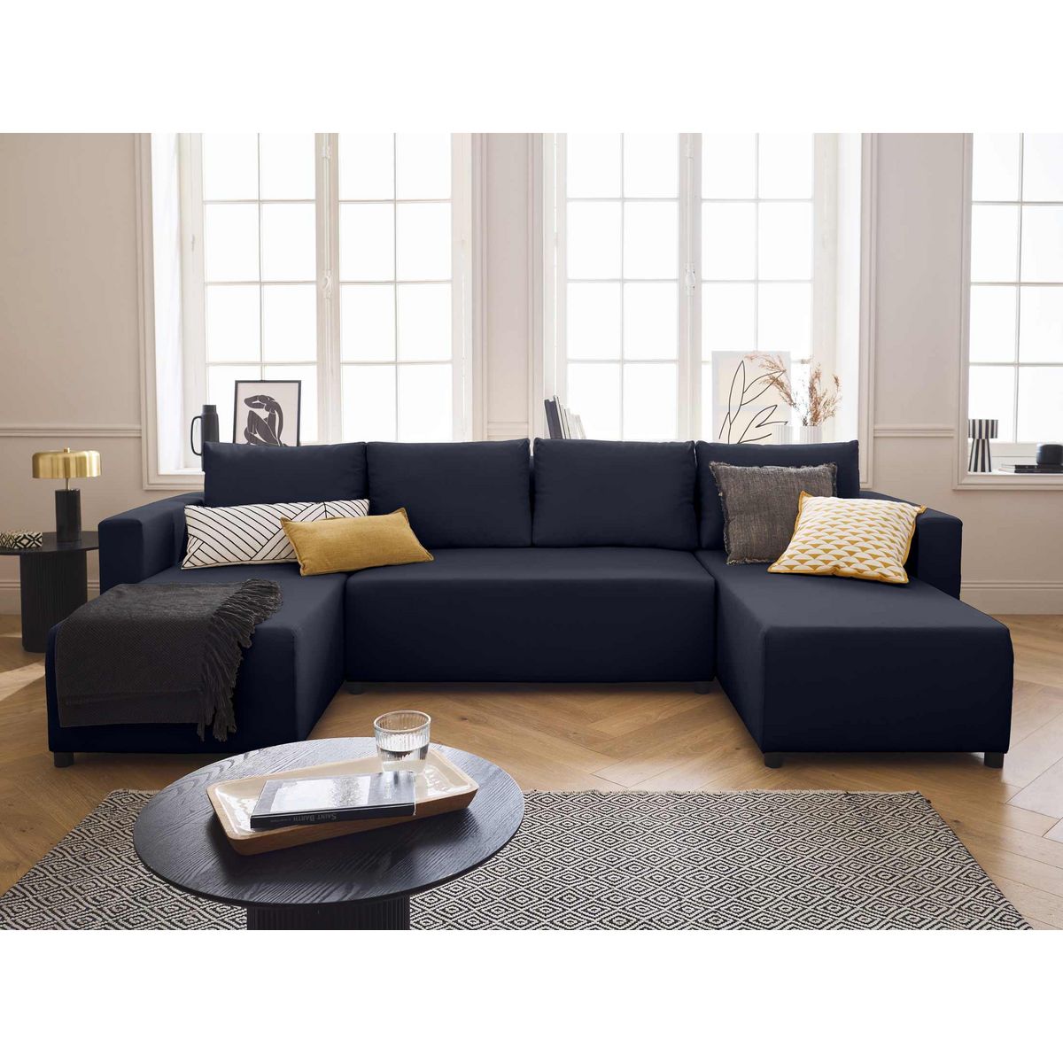 BEST MOBILIER Regala - canapé panoramique - 7 places - convertible avec coffre - en tissu