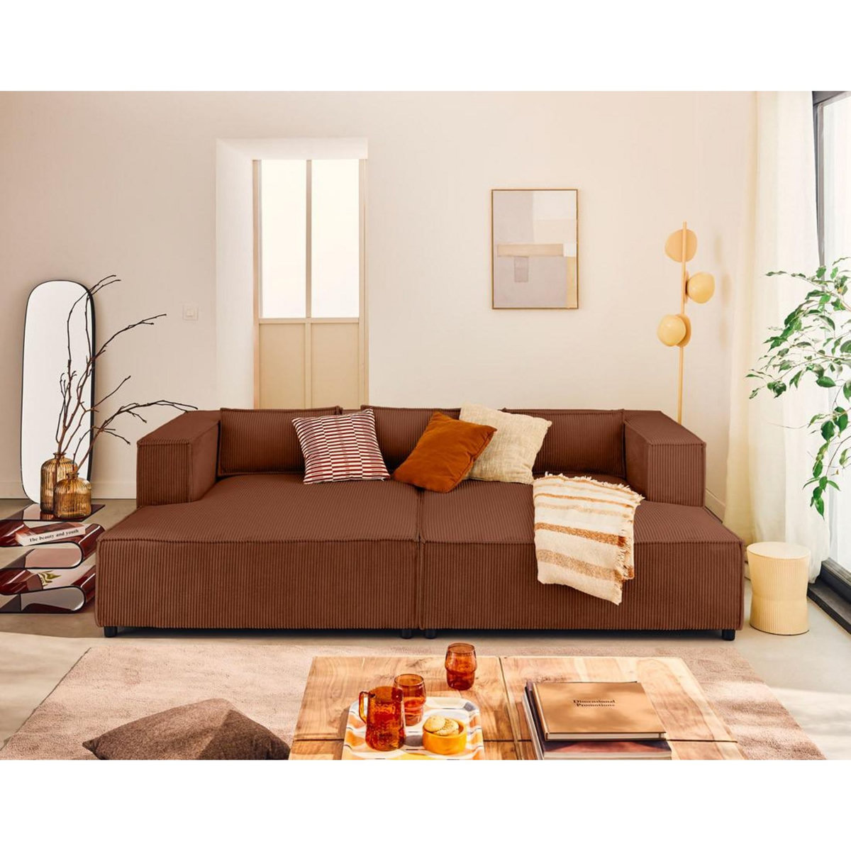 LISA DESIGN Stella - canapé droit 3 places avec double méridienne - assise profonde - en velours côtelé