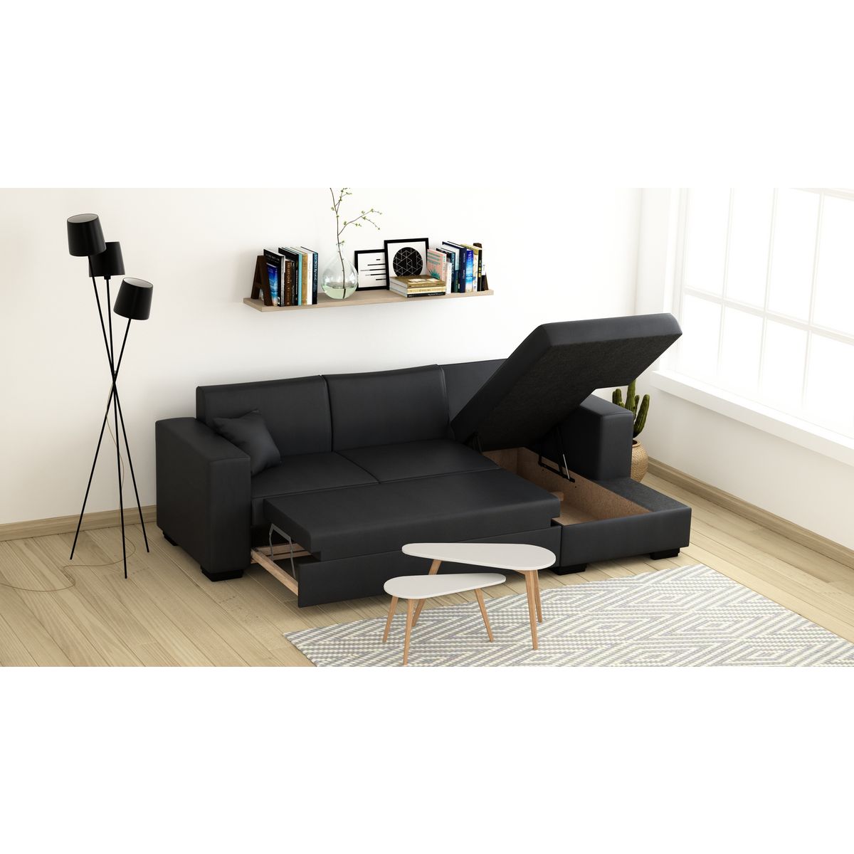 Canapé d'angle droit convertible 4 places avec coffre  de rangement revêtement PU CARIBEA 