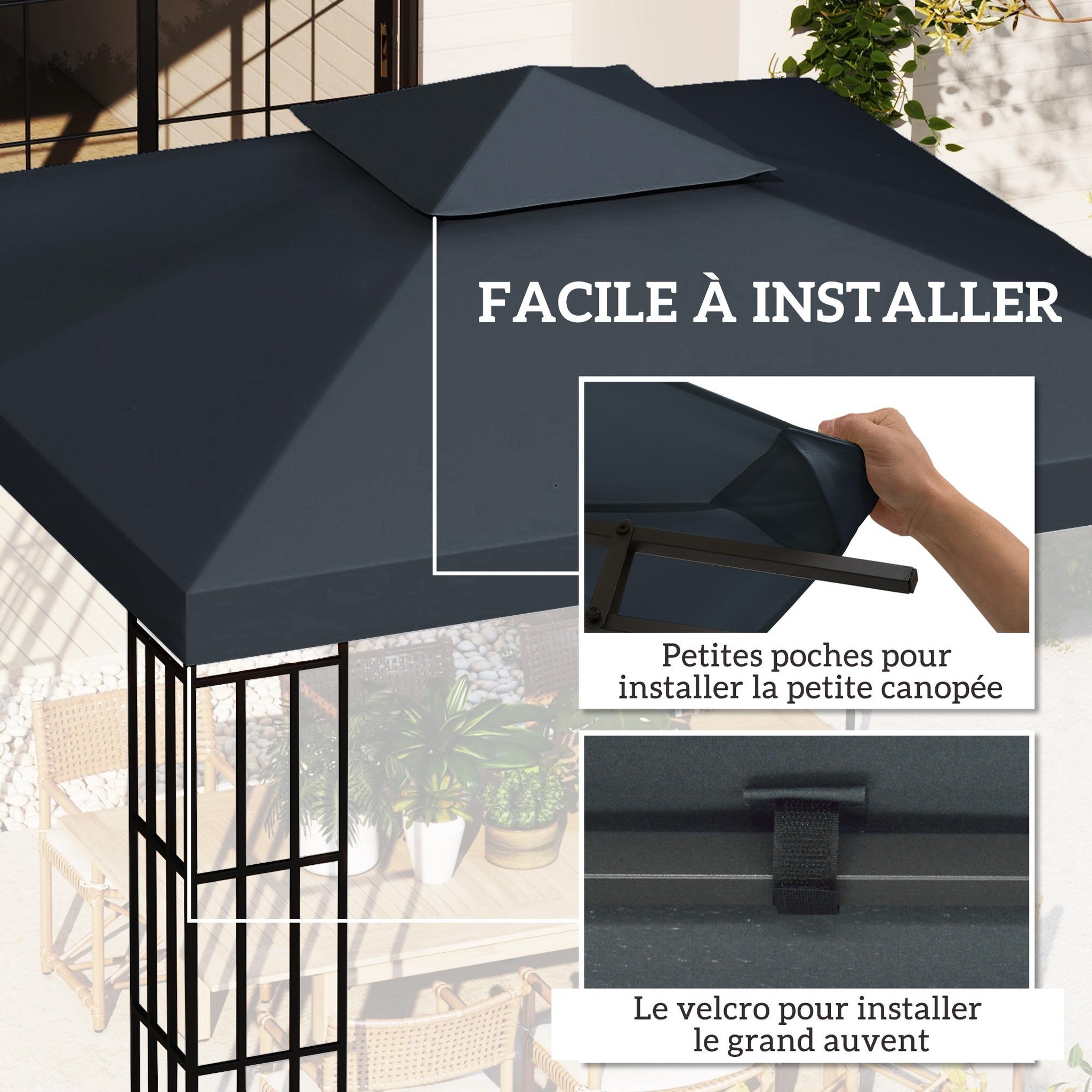 Voir la diapositive 5 : OUTSUNNY Toile de rechange pour pavillon tonnelle tente 3 x 3 m polyester haute densité 180 g/m² gris foncé