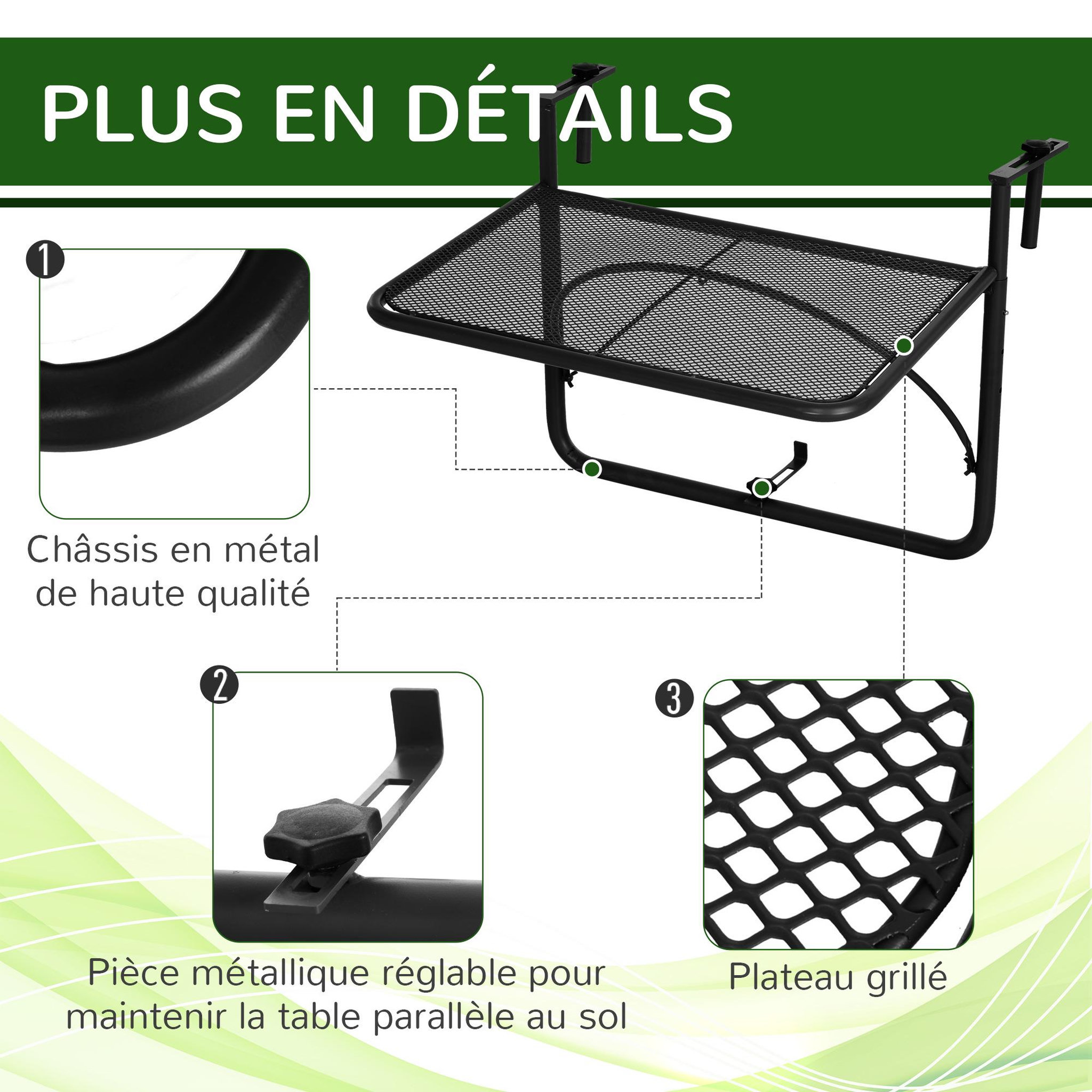 Voir la diapositive 6 : OUTSUNNY Table suspendue pour balcon dim. 60L x 56,5l cm hauteur réglable 3 niveaux métal époxy noir
