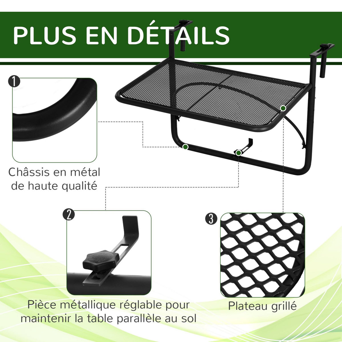 OUTSUNNY Table suspendue pour balcon dim. 60L x 56,5l cm hauteur réglable 3 niveaux métal époxy noir