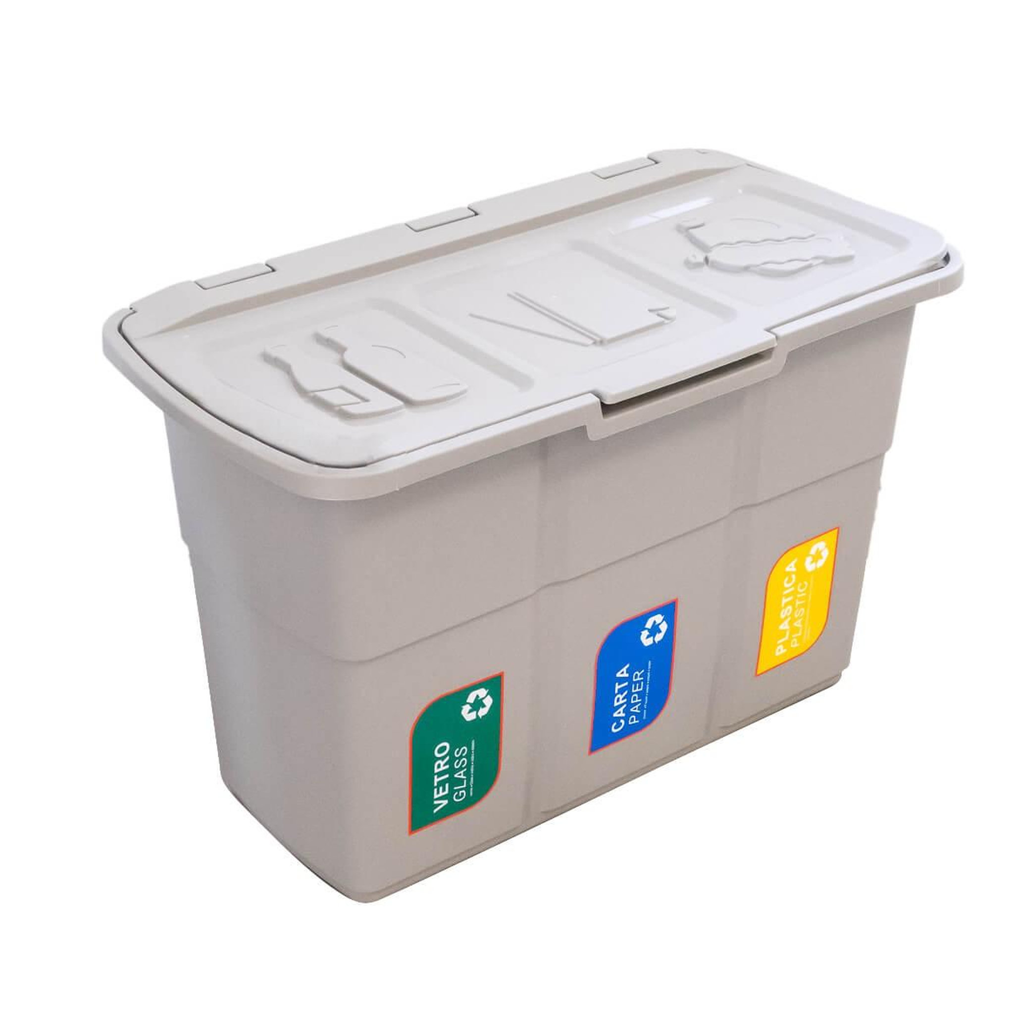 Voir la diapositive 5 : DEA HOME Poubelle de tri 3 bacs de 25L Dim 75 x 37 x H50 cm Avec couvercle Recyclage 3 en 1 DEA HOME